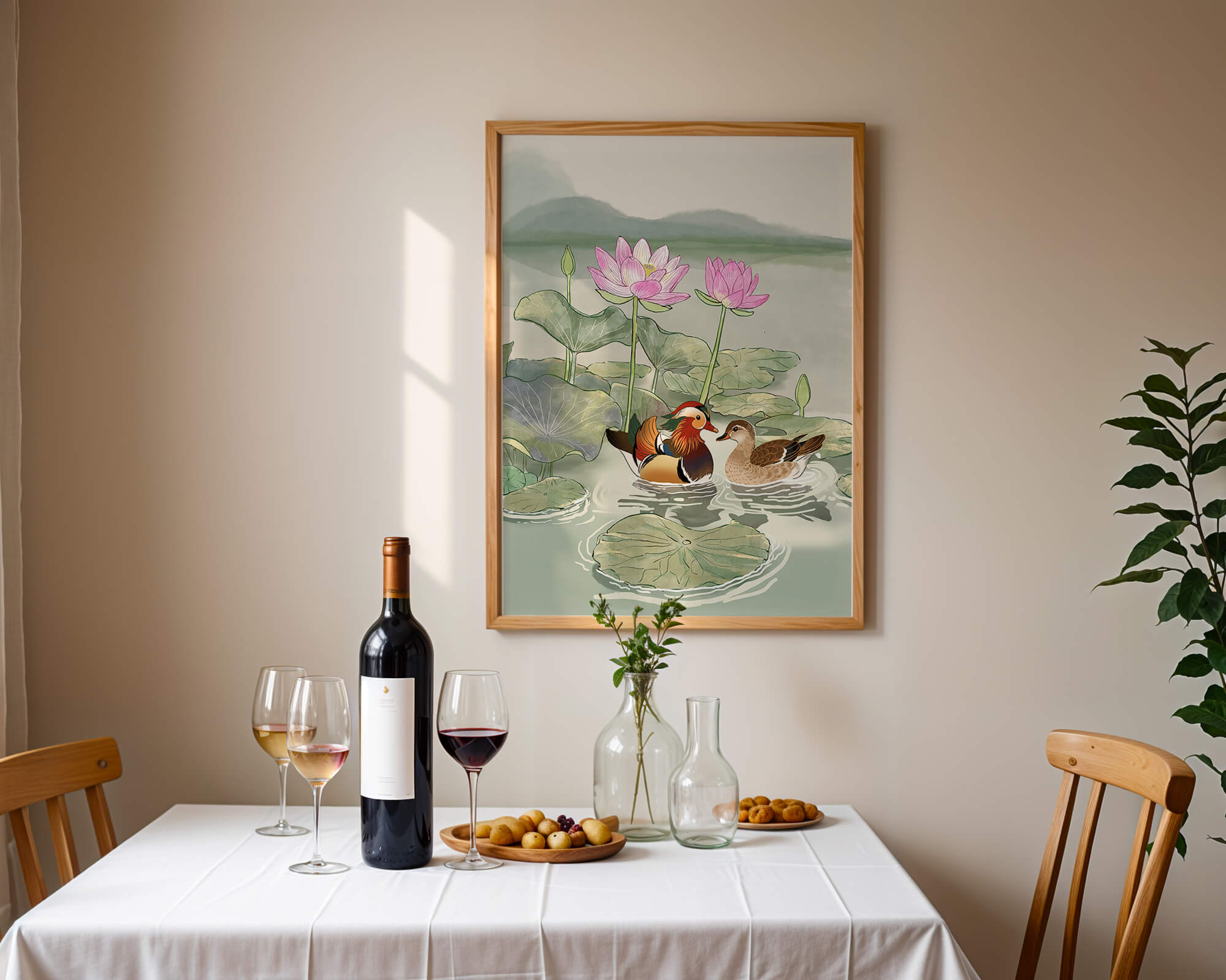 Mandarin Ducks and Lotus Flowers in a Tranquil Pond