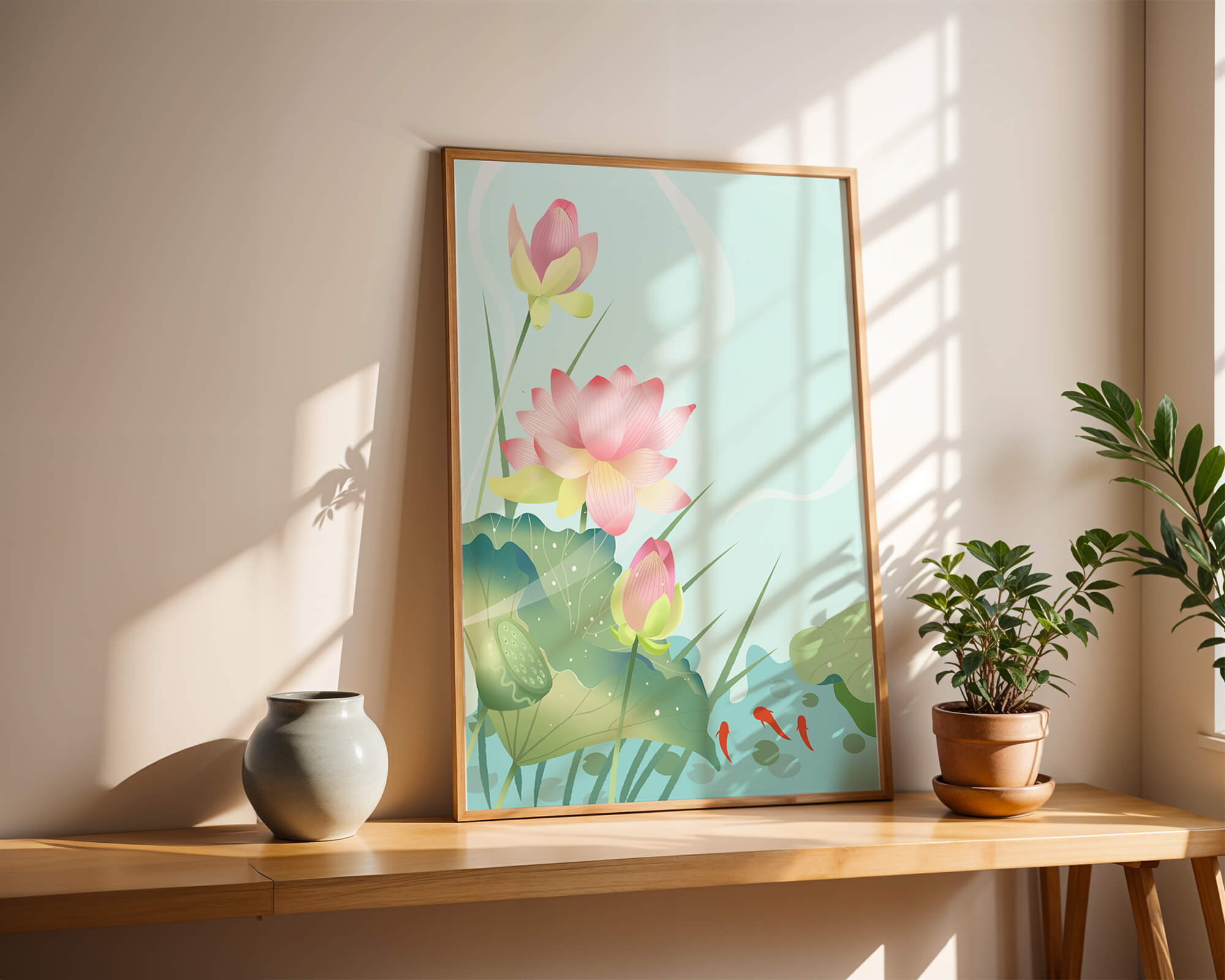 Illustrative Lotusblumen mit Blättern und Koi-Fischen in einem ruhigen Teich