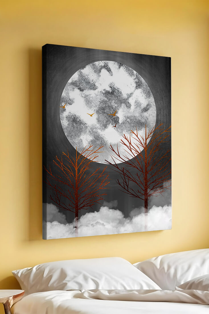 Surreal Night Scene with Trees and Golden Birds in Moonlight