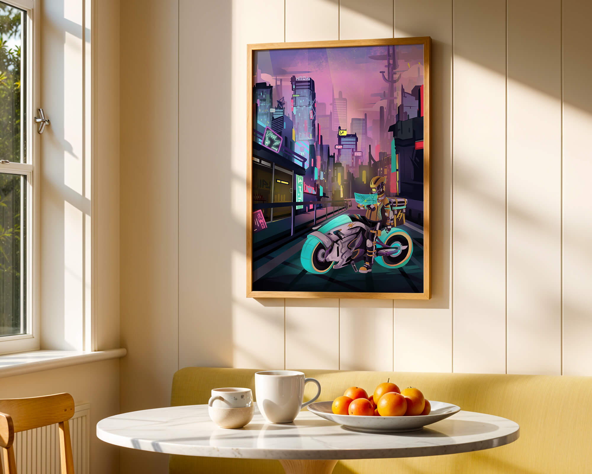 Футуристический киберпанк‑город с неонно освещёнными небоскрёбами и мотоциклистом