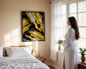 Abstract Composition with Yellow and White Feathers on a Black Background - Mi tienda