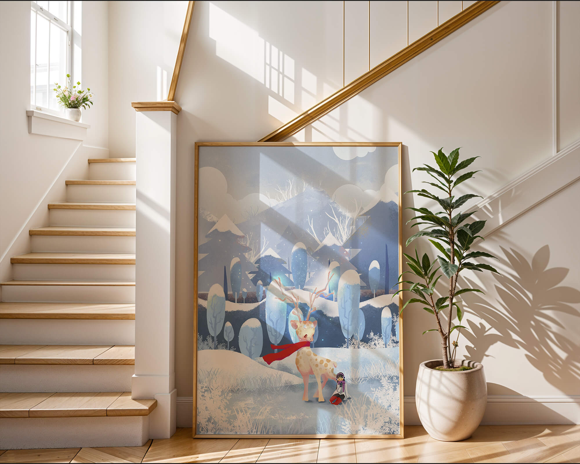 Escena invernal con un ciervo y un niño en un paisaje boscoso nevado