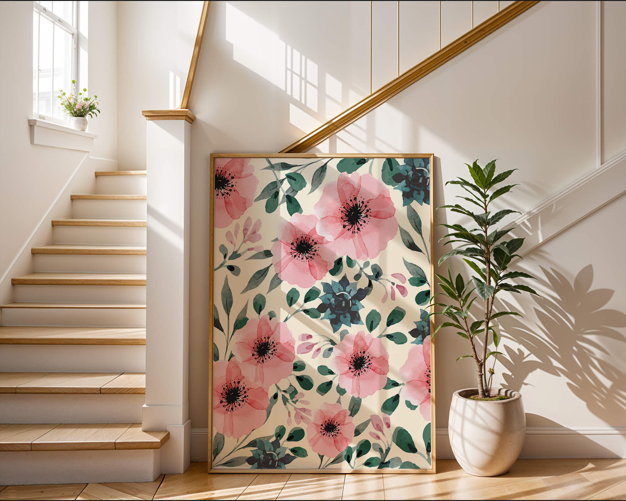 Floral Watercolor Pattern with Pink Flowers and Green Leaves