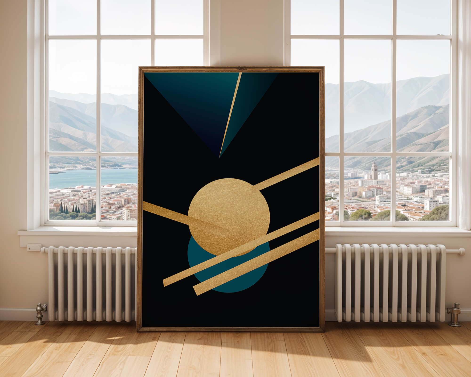 Abstract Geometric Composition with Gold and Blue Elements