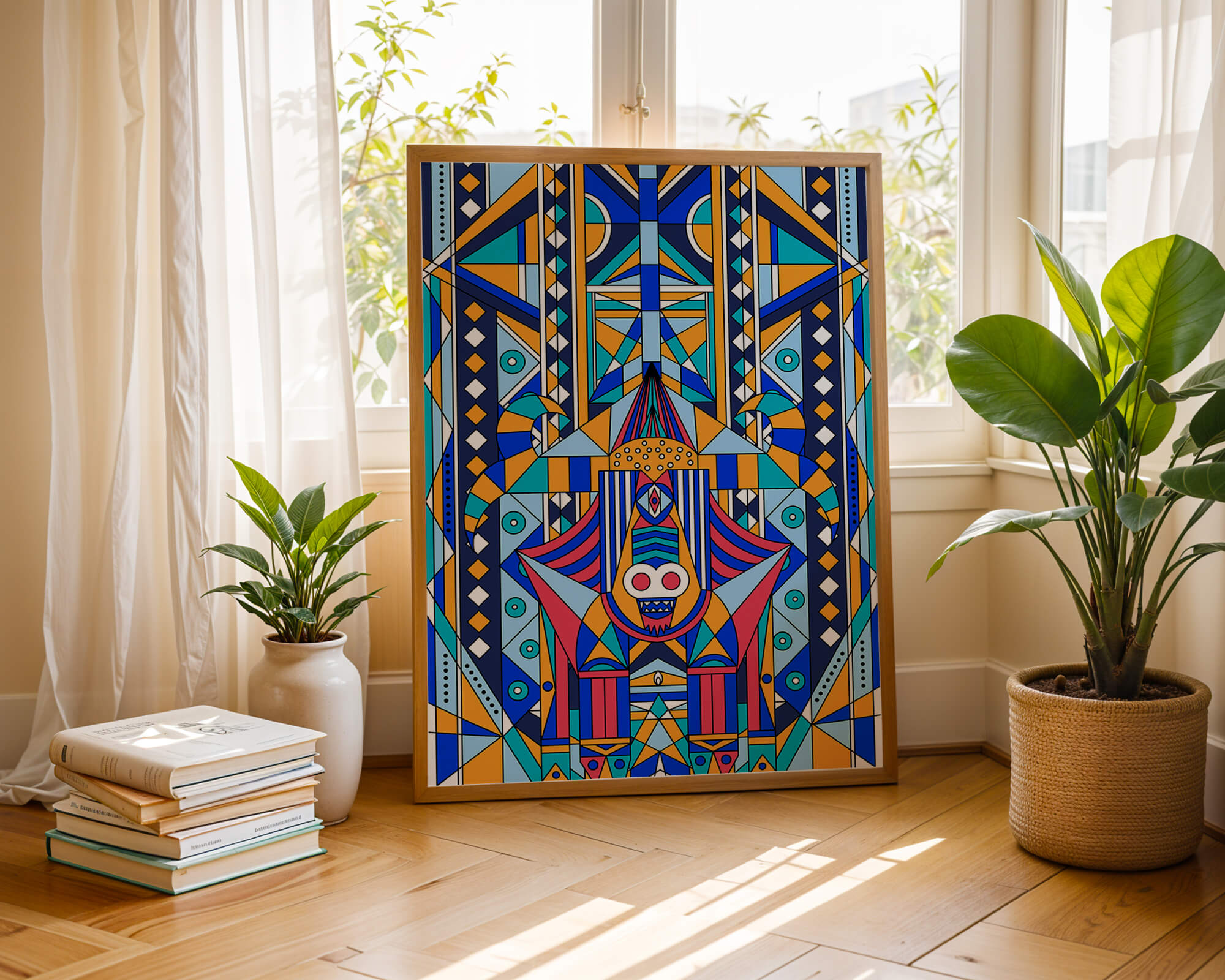 Arte tribal abstracto geométrico con patrones simétricos en azul y naranja