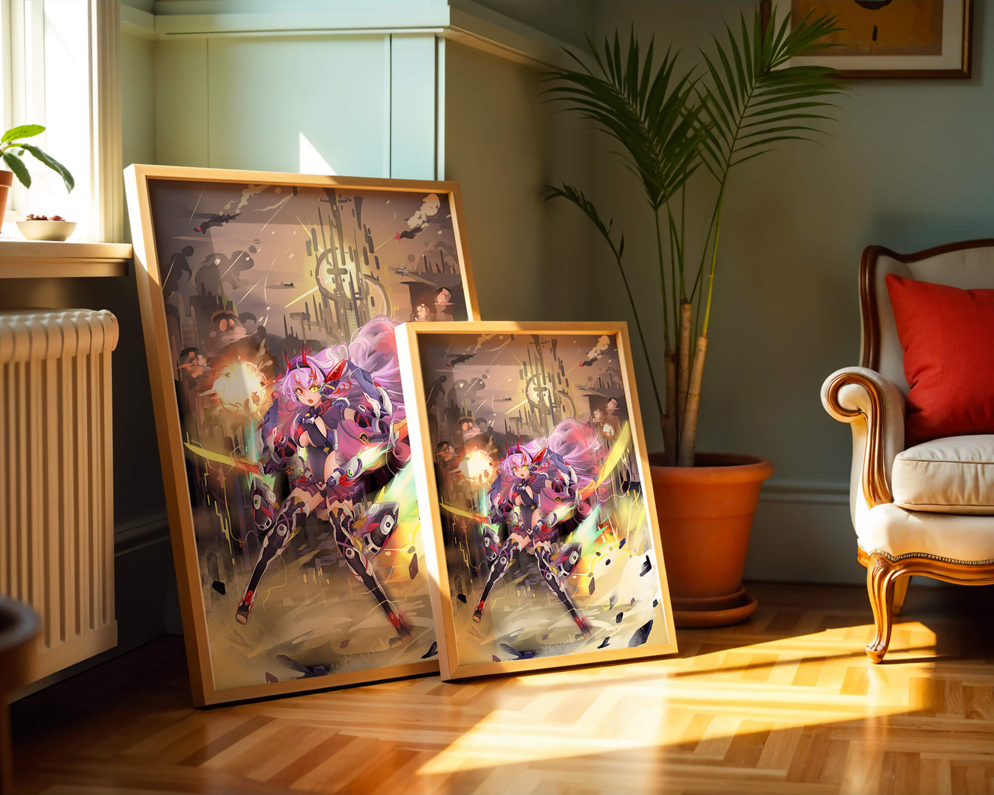 Футуристический аниме-воин с энергетическими мечами в научно-фантастическом городском пейзаже