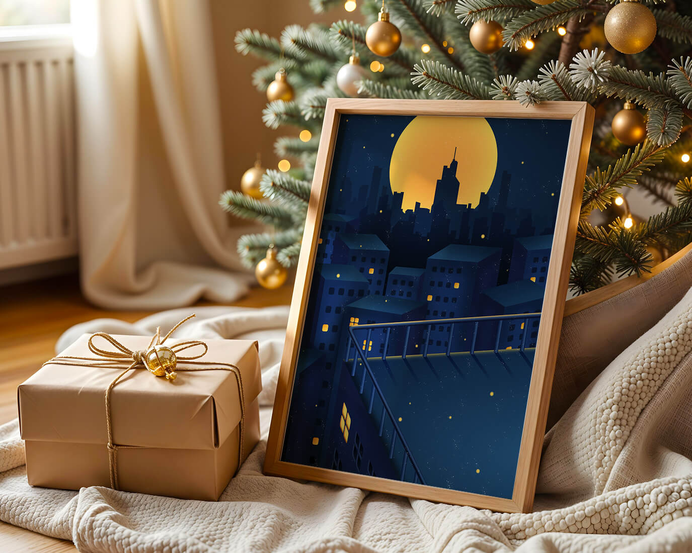 City Rooftop at Night with Illuminated Windows and Full Moon