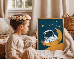 Charming Astronaut Sitting on a Crescent Moon with Stars in Space - Mi tienda