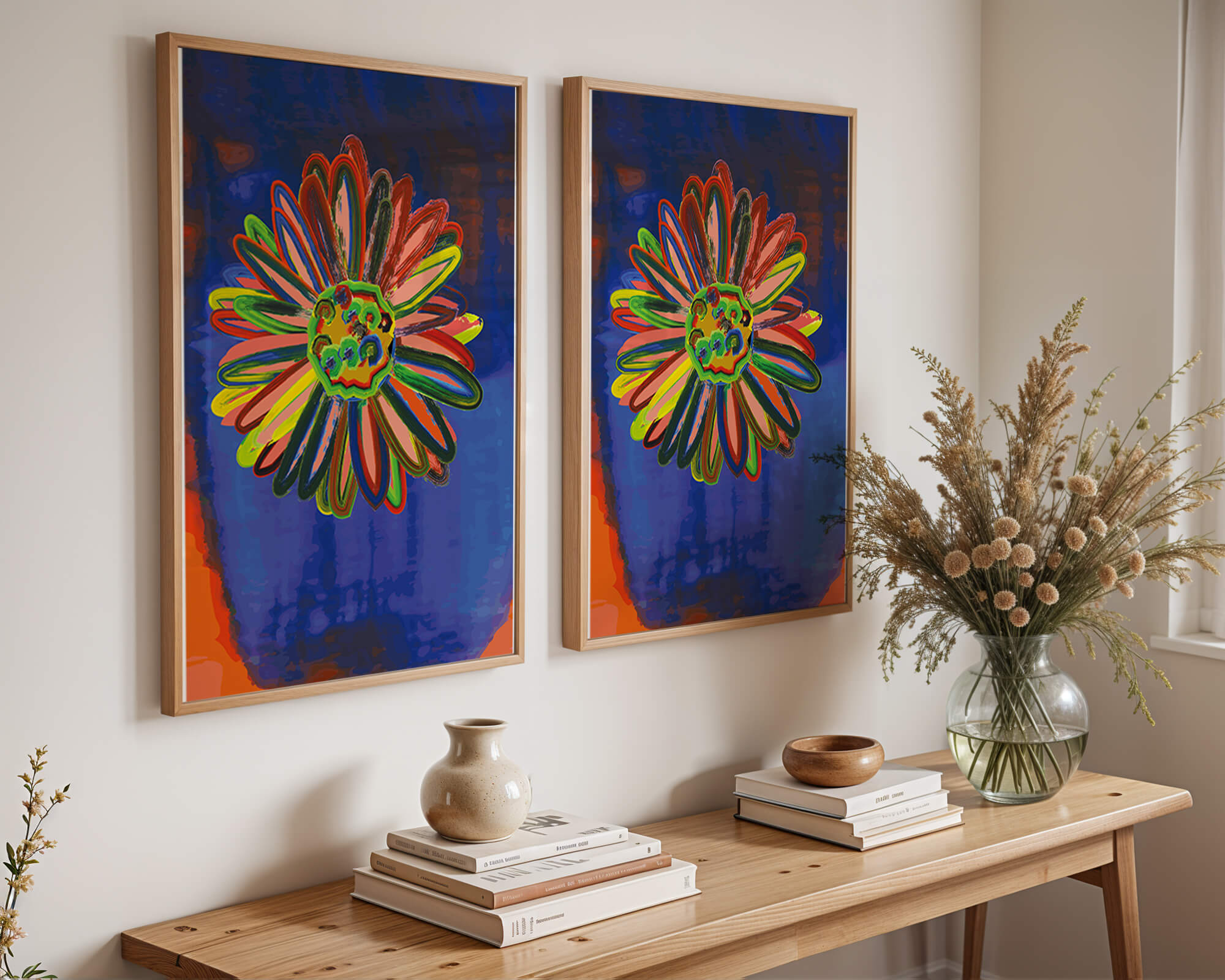 Farbenfrohe abstrakte Blumenkunst mit dynamischen Pinselstrichen