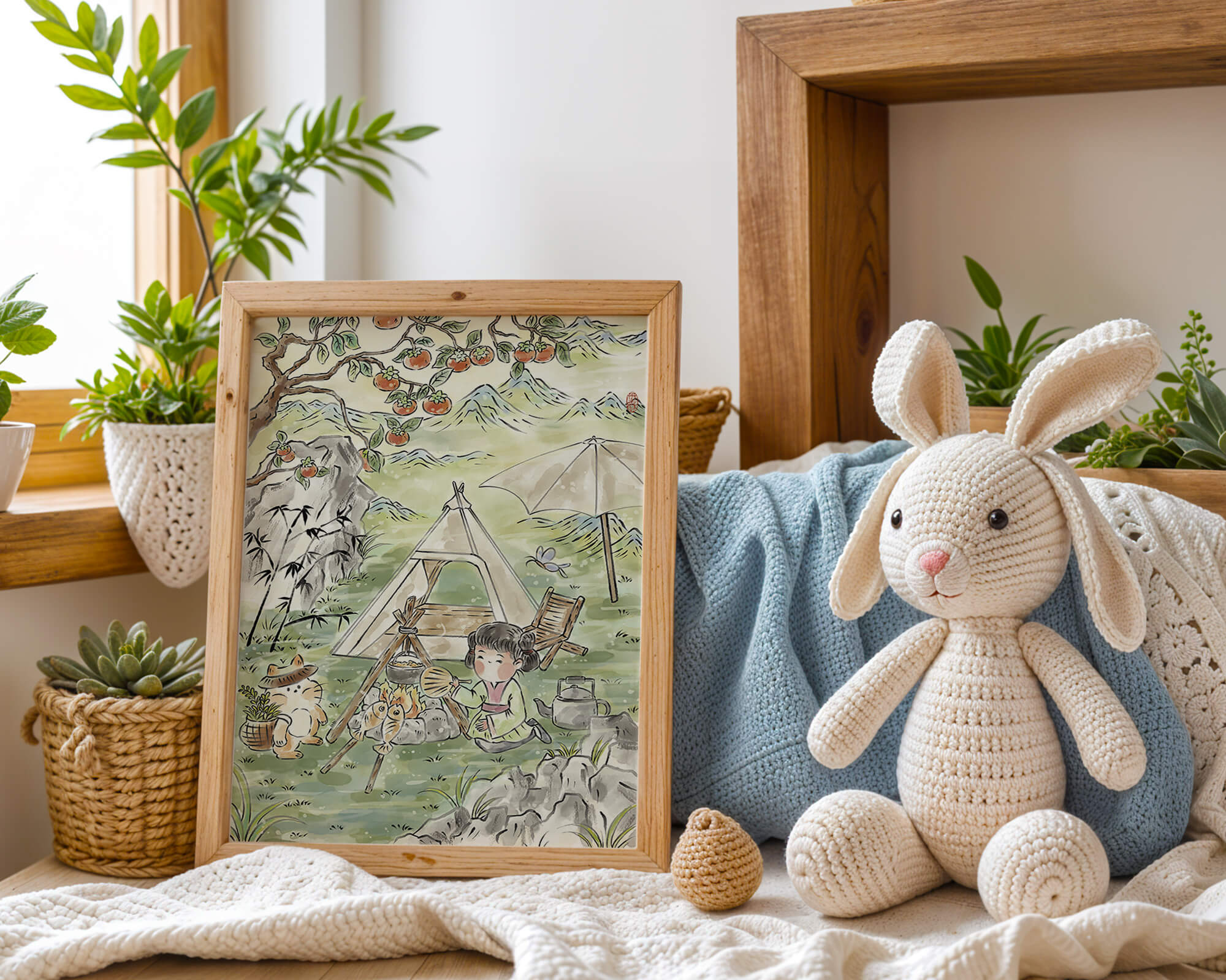 Charming Camping Scene with Child and Cat under Persimmon Tree