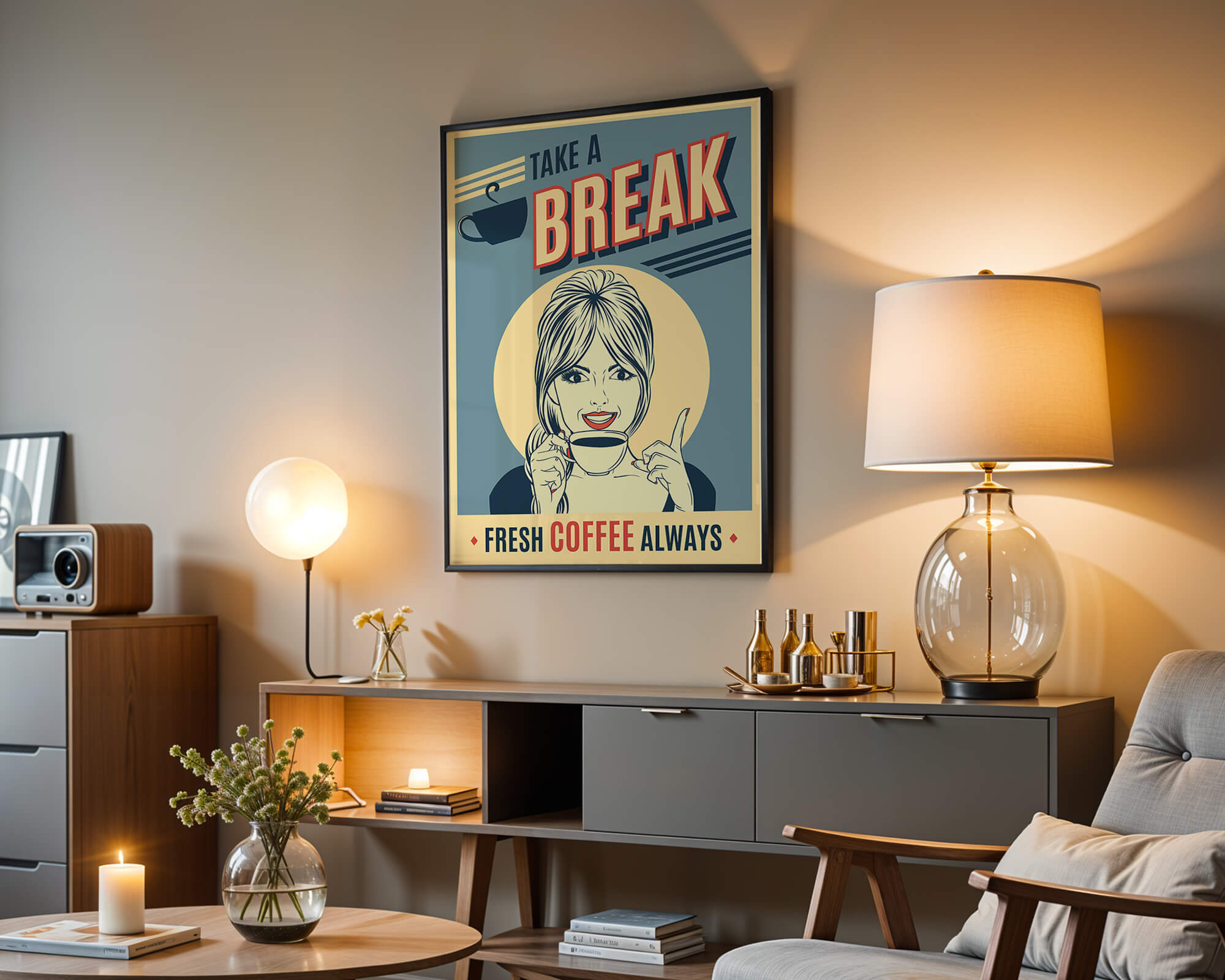 Retro Coffee Break Poster with Woman Holding a Cup - Mi tienda