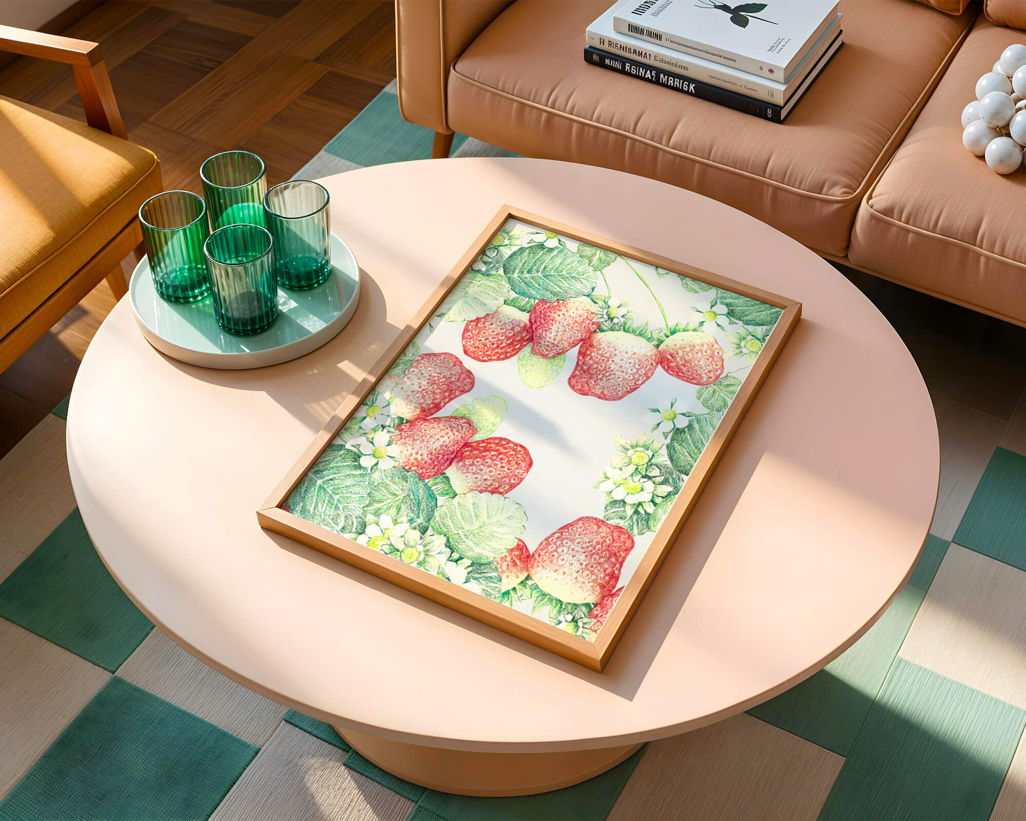 Ilustración de fresas y flores con exuberantes hojas verdes.