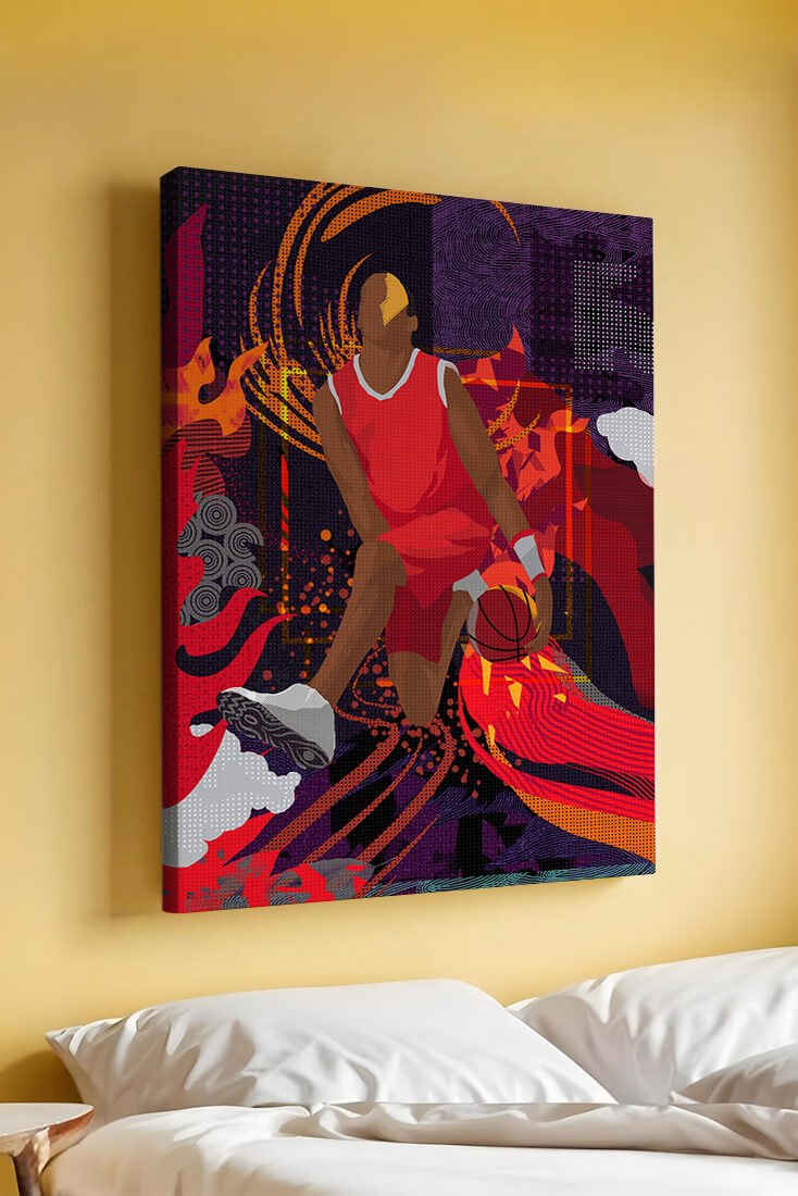 Dynamic illustration of a basketball player in motion with abstract patterns