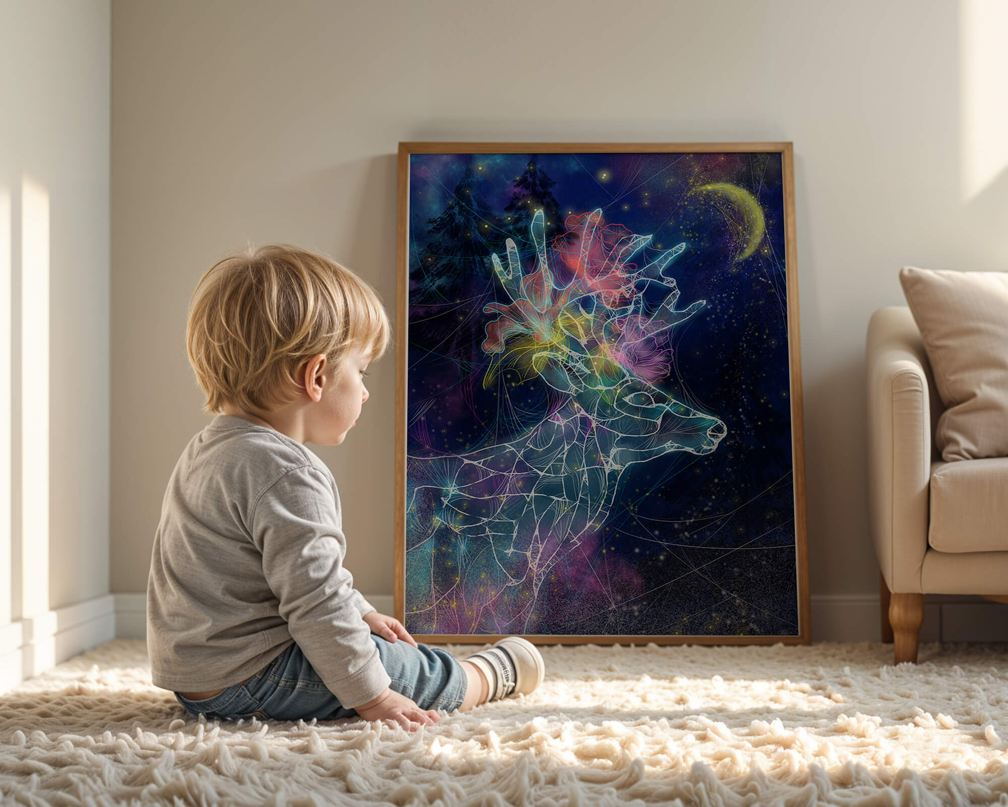 Farbenfrohe kosmische Hirschillustration mit Neongeweih