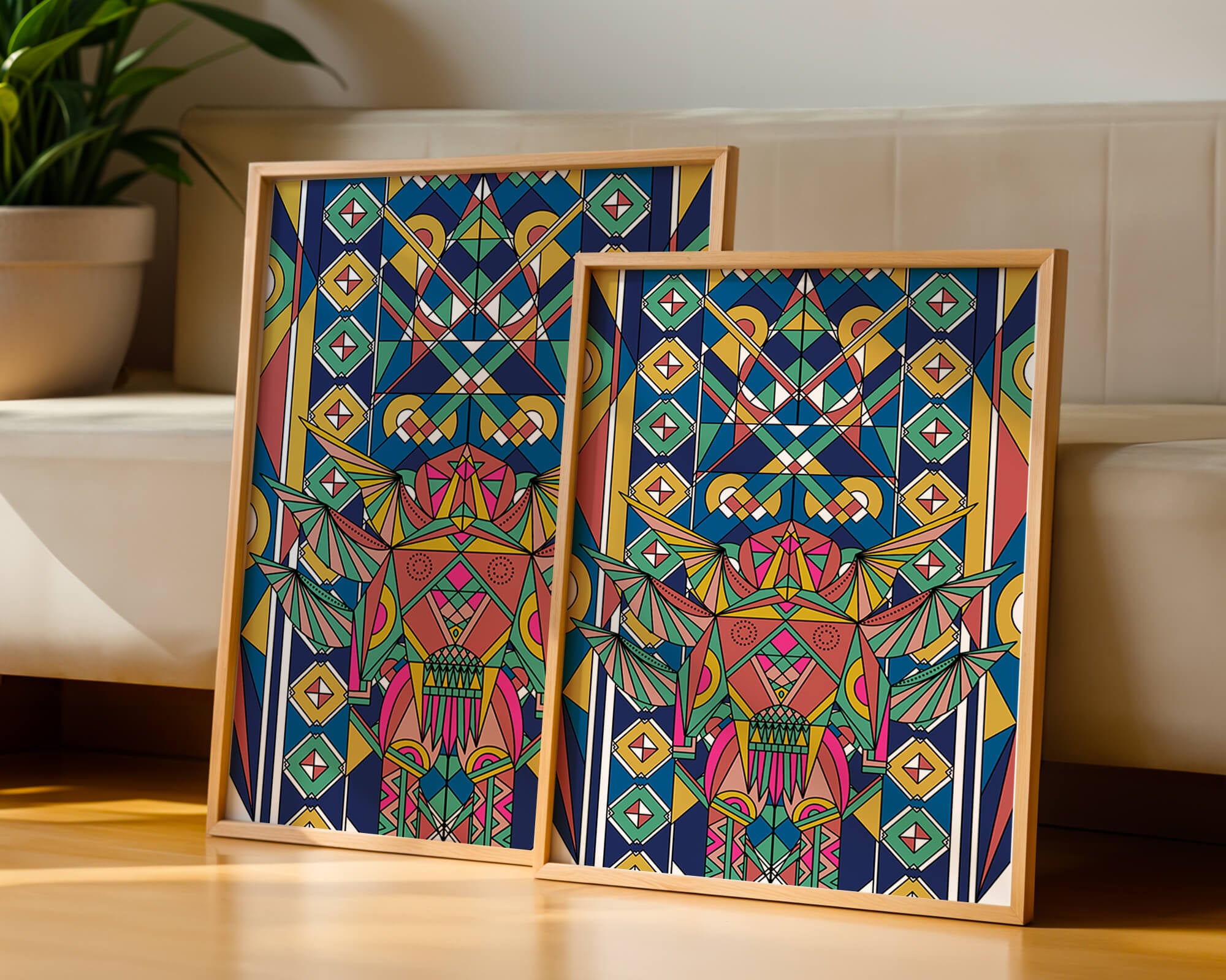 Arte abstracto geométrico colorido con patrones simétricos