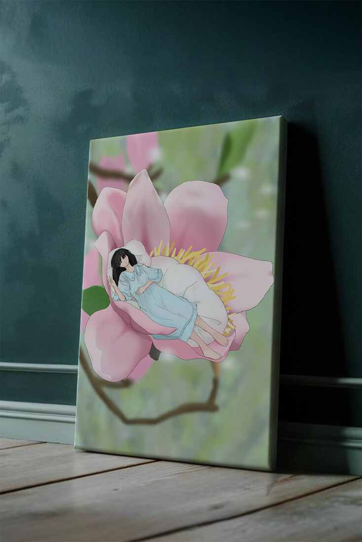 Dreamlike scene of a woman sleeping in a large pink flower