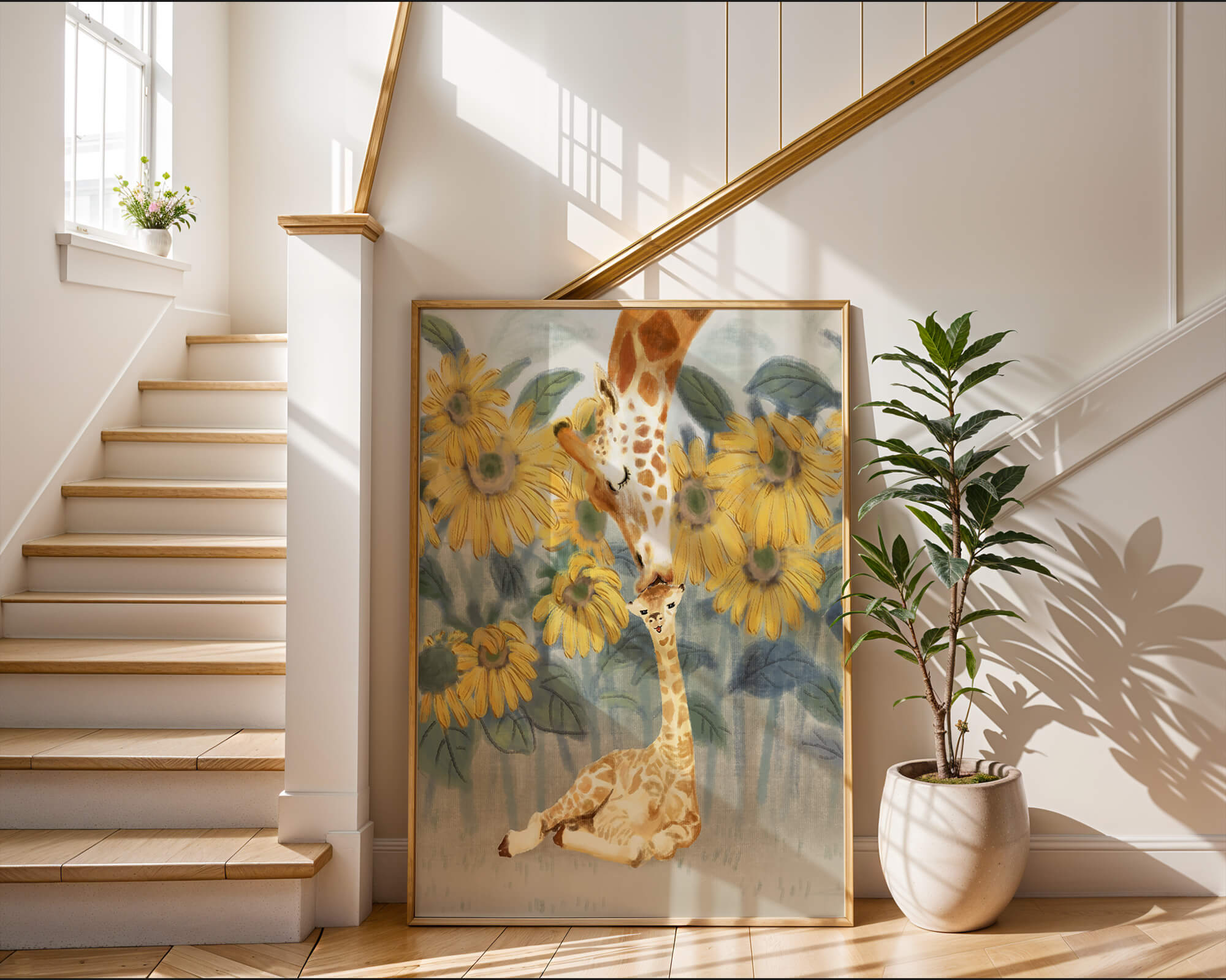Giraffe and sunflowers watercolor painting of tender giraffe family scene