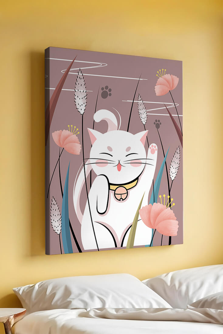 Illustration of a maneki-neko cat in a floral garden setting