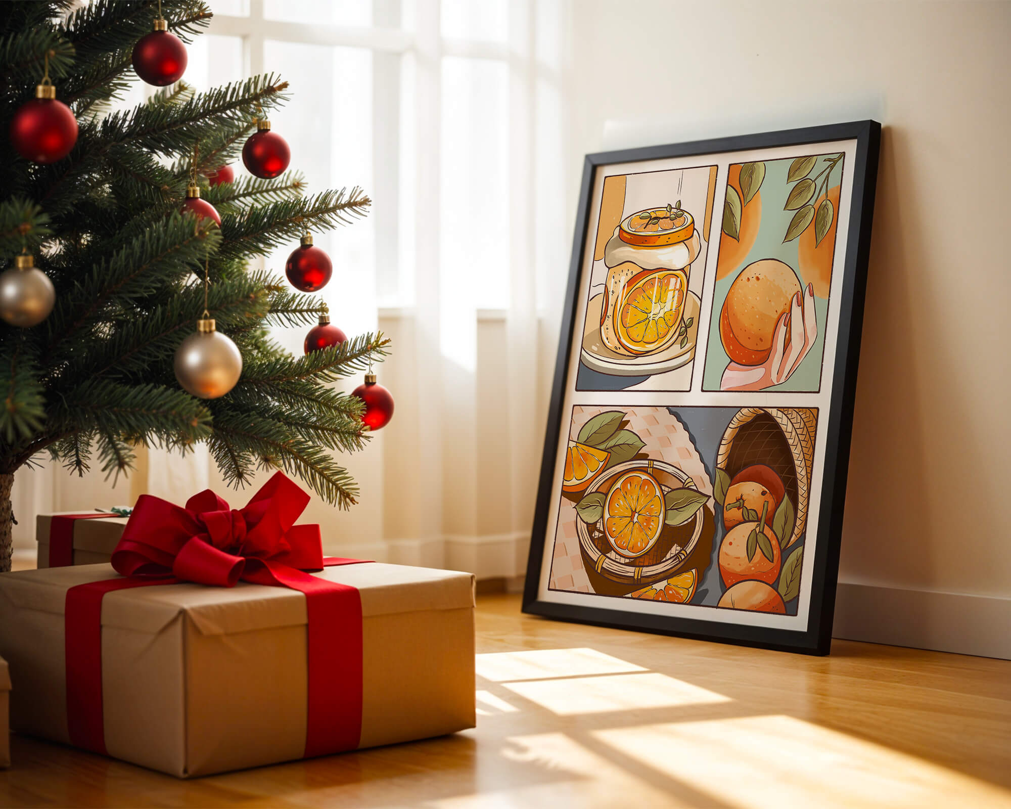 Ilustración colorida de naranjas y conservas con canasta