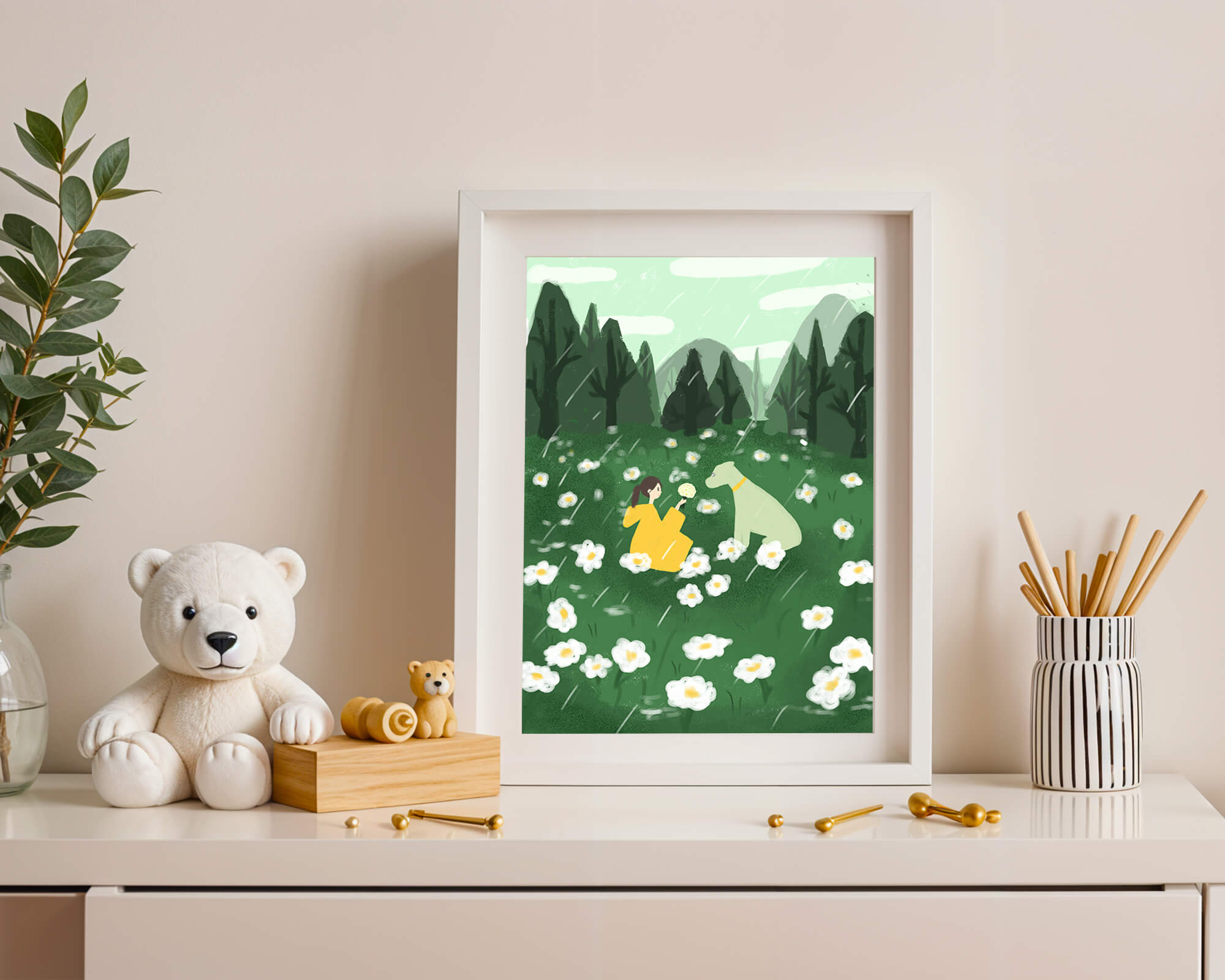 Woman and Dog in a Serene Rainy Meadow with Flowers