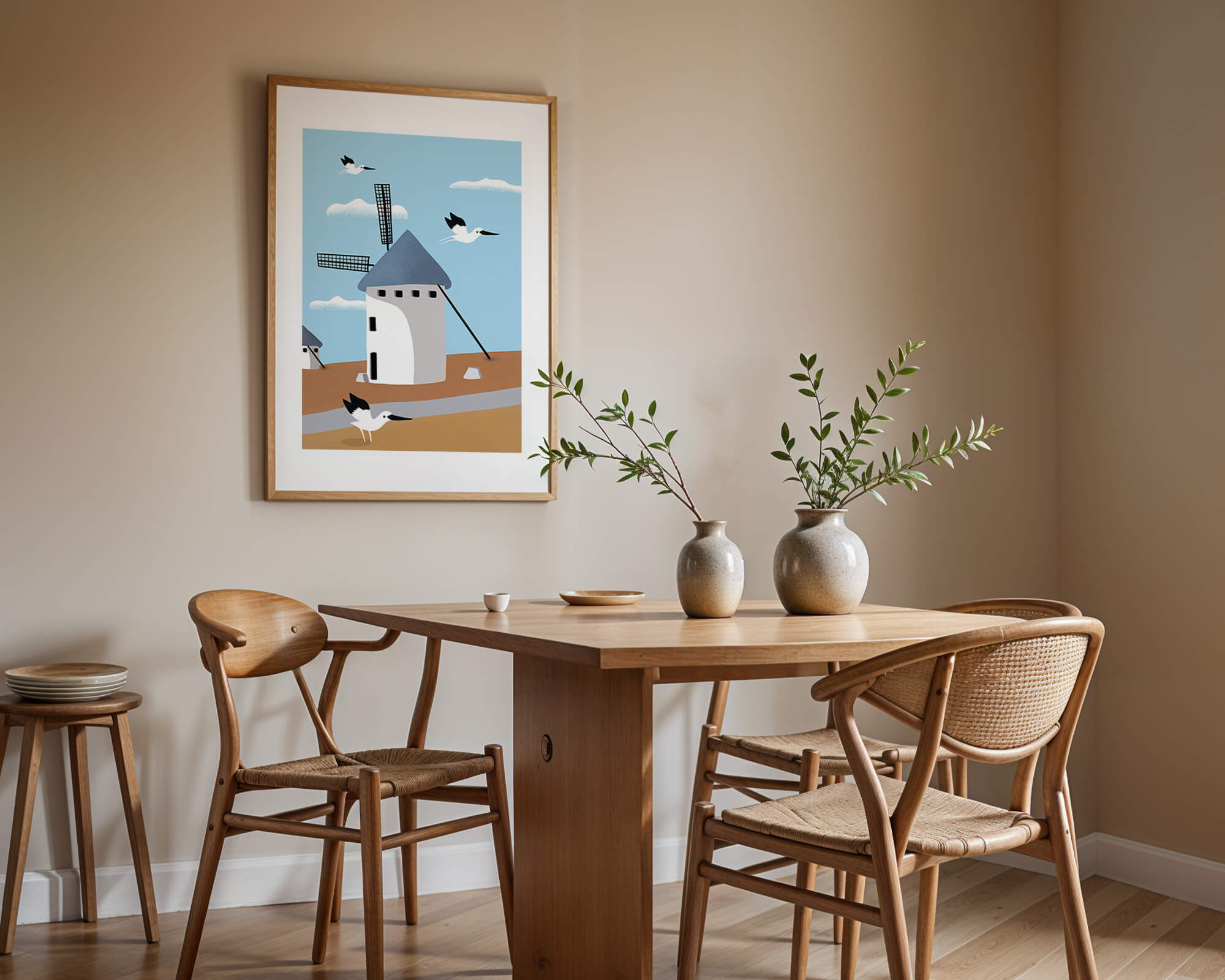 Windmill Landscape with Birds in a Minimalist Style