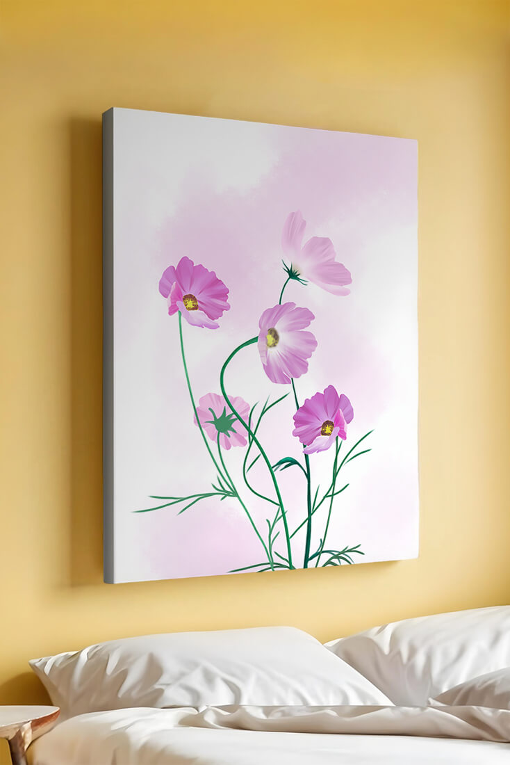 Digital illustration of pink cosmos flowers against a soft pastel background