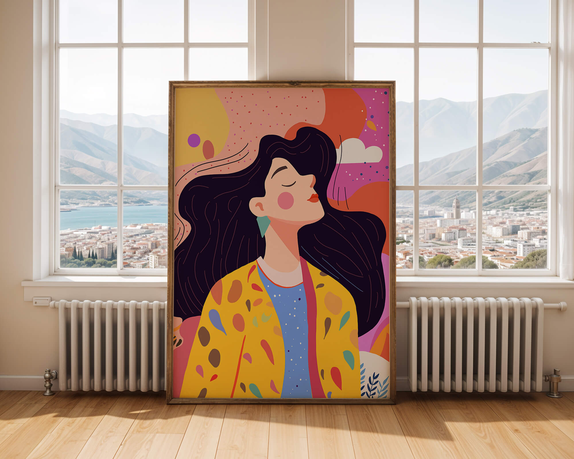 Ilustración colorida de una mujer en estilo artístico con fondo vibrante