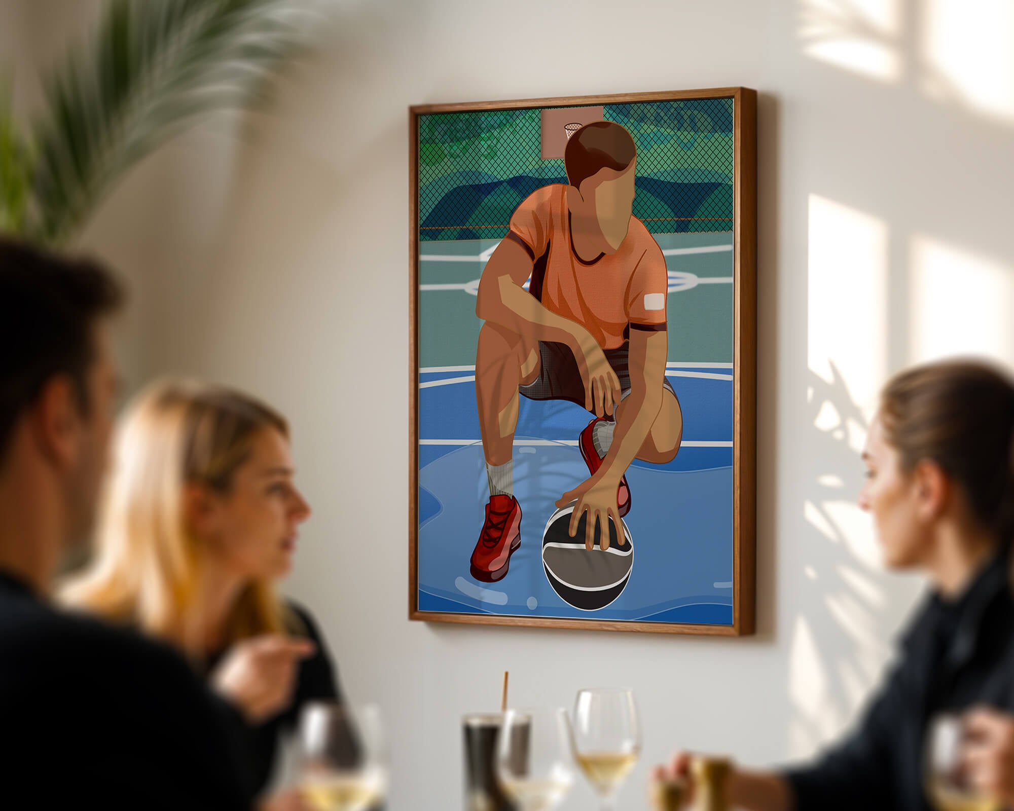 Illustration of a basketball player on a court in a dynamic pose