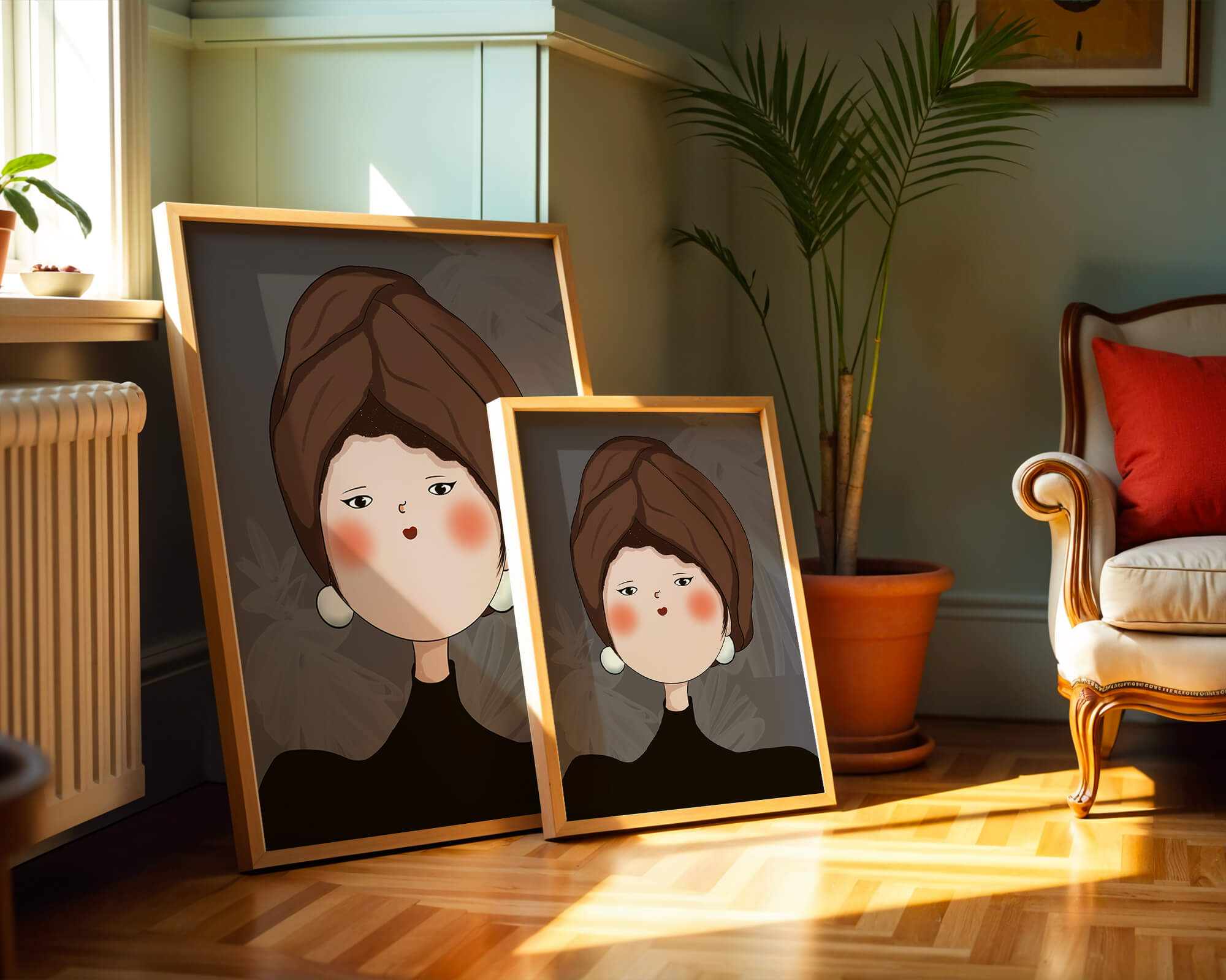 Elegantes Porträt einer Frau mit einem einzigartigen Kopftuch und ausdrucksstarken Merkmalen