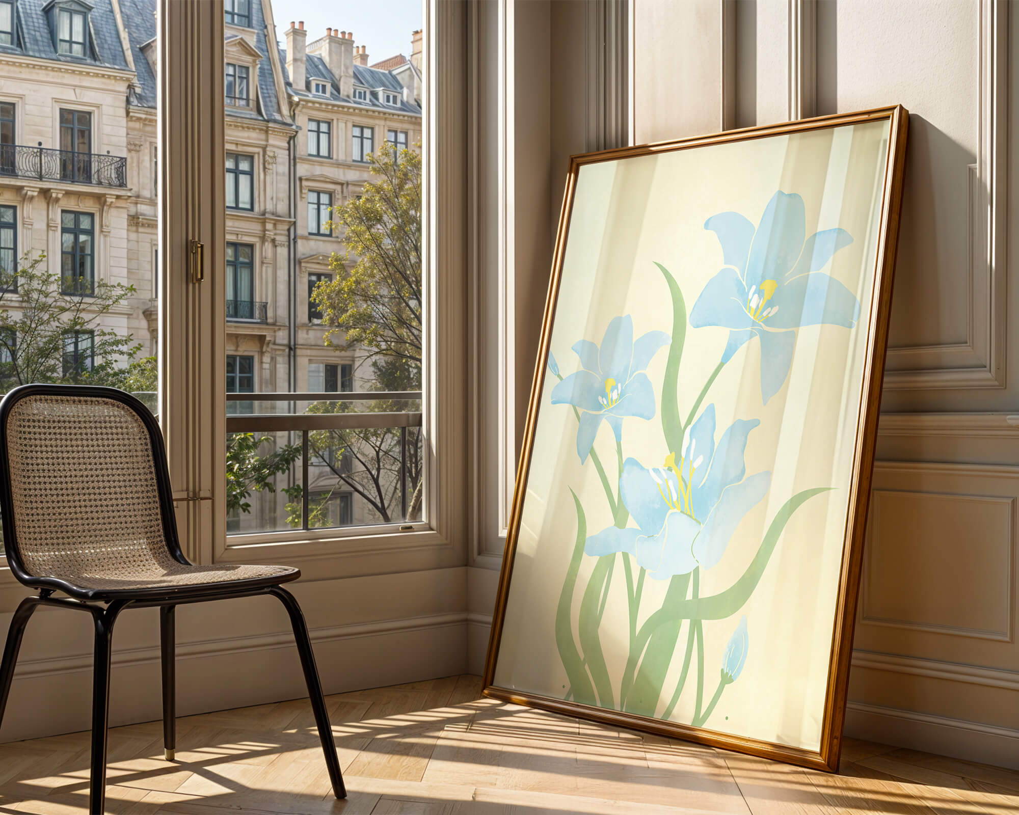 Elegant Illustration of Light Blue Flowers with Green Stems