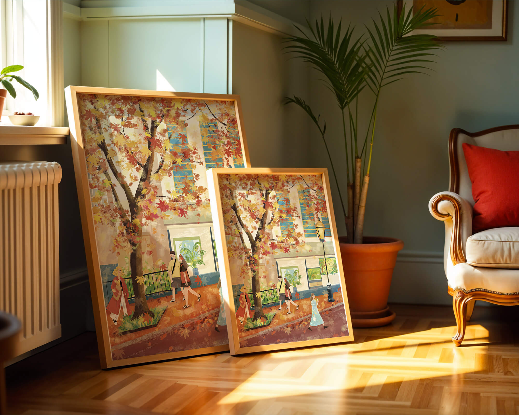 Calle de la ciudad en otoño con hojas coloridas y personas caminando