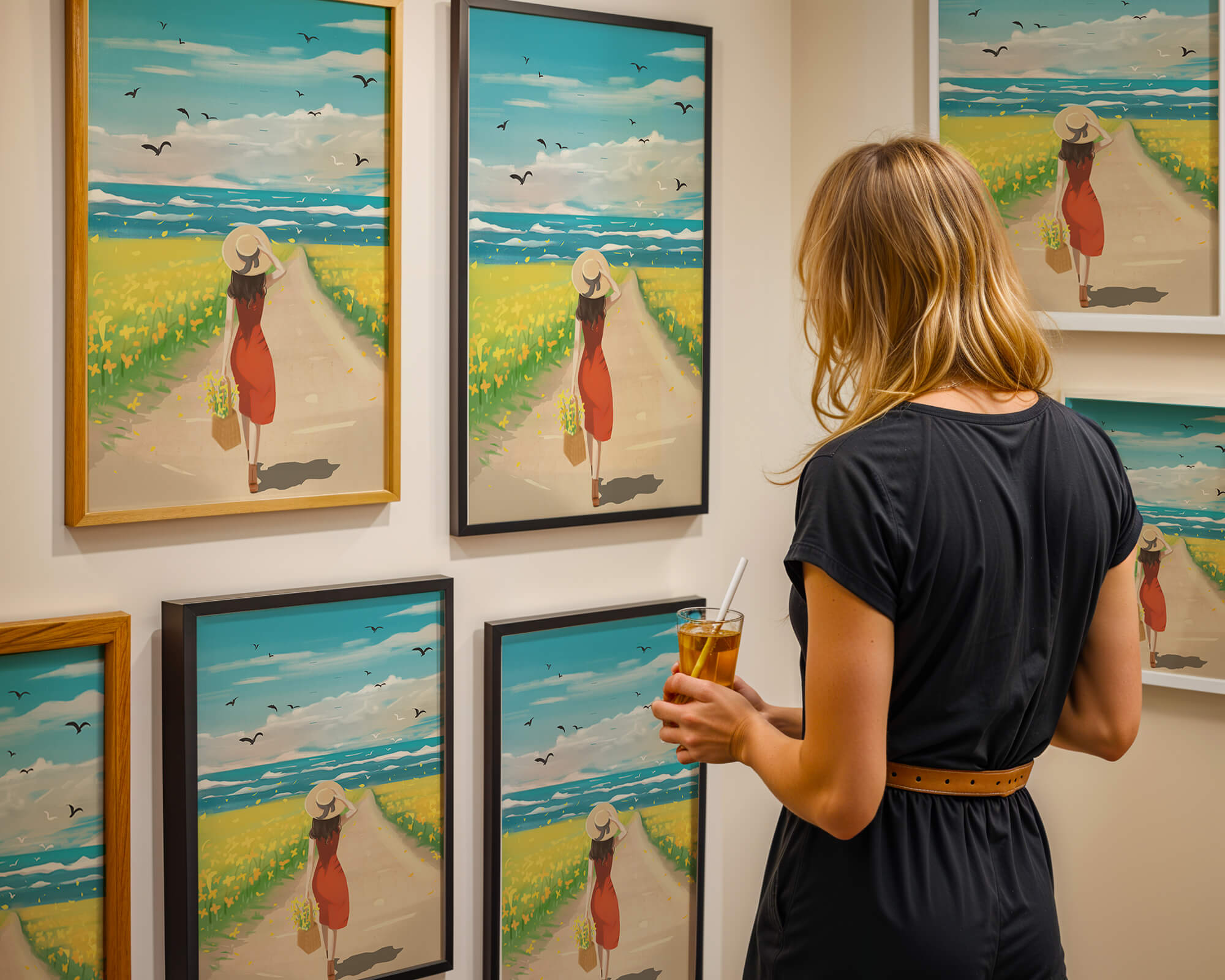 Woman in a red dress walking through countryside under a clear blue sky