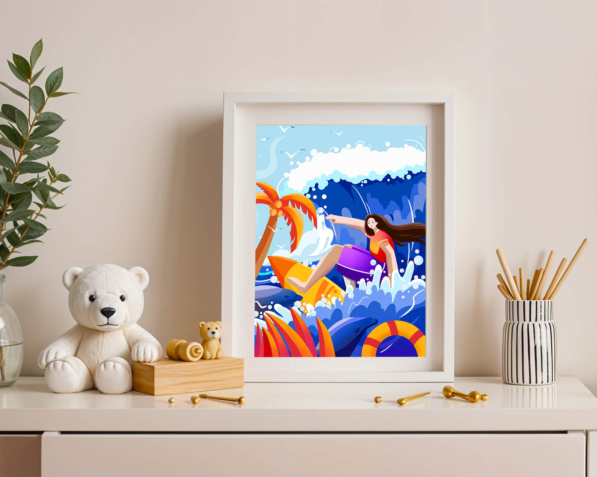 Illustration of a surfer riding a wave among dolphins and palm trees