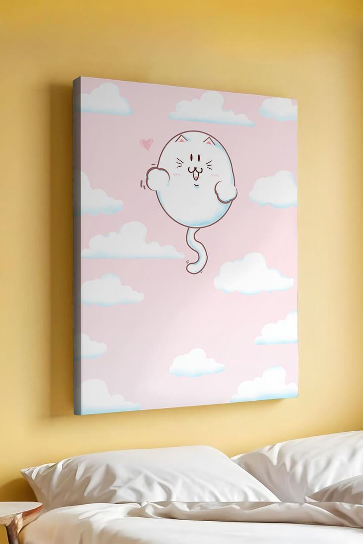 Whimsical floating cat in pastel sky with fluffy clouds