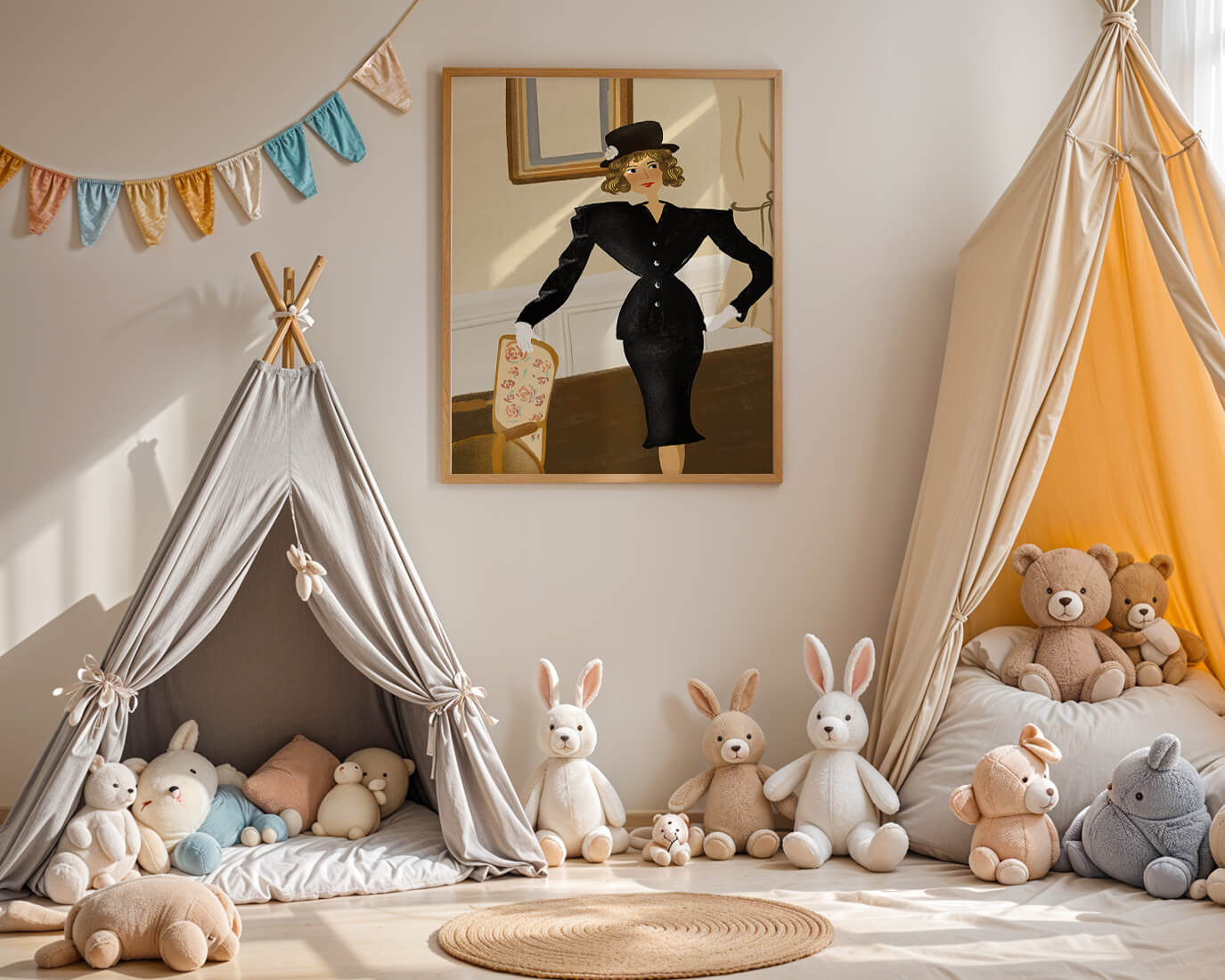 Mujer elegante en moda vintage con traje negro y sombrero