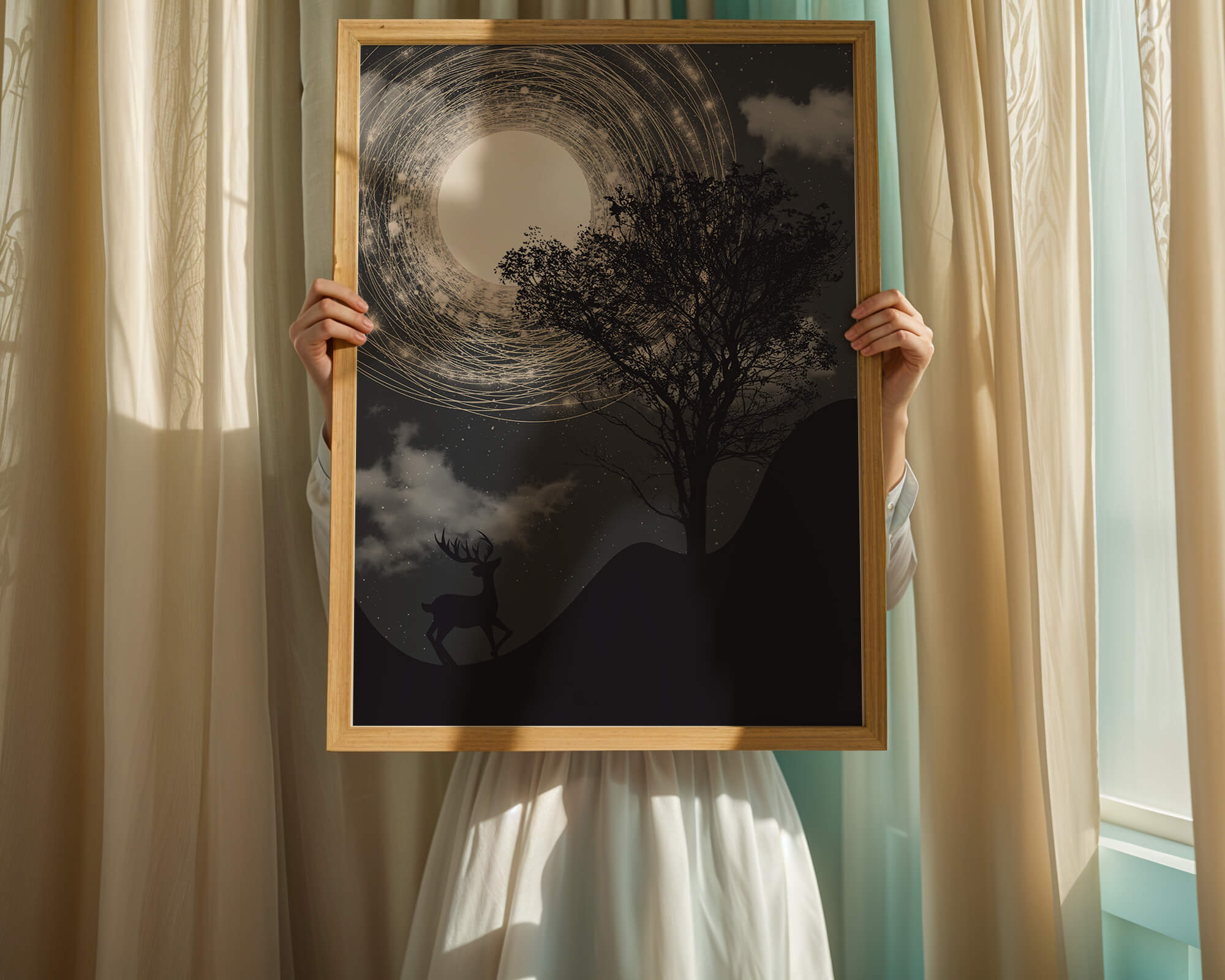 Enchanted night scene with deer silhouette and glowing moon