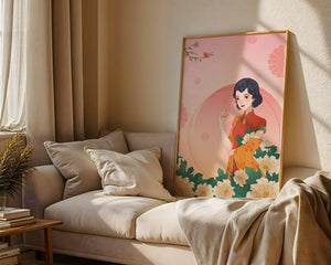 Elegant Woman in Traditional Asian Dress with Floral Background - Mi tienda