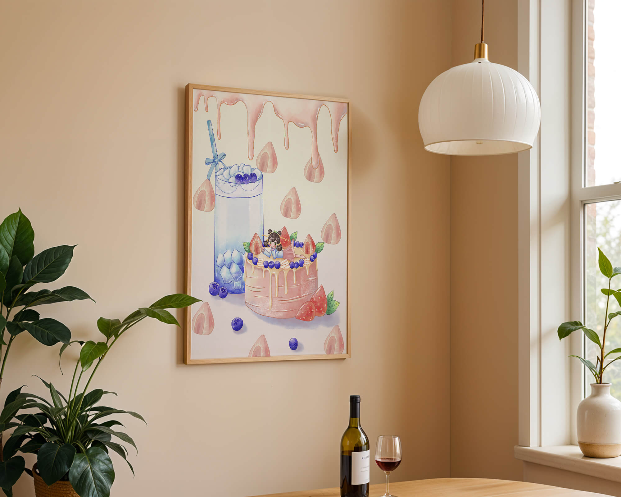 Whimsical dessert scene with cake and beverage featuring playful accents