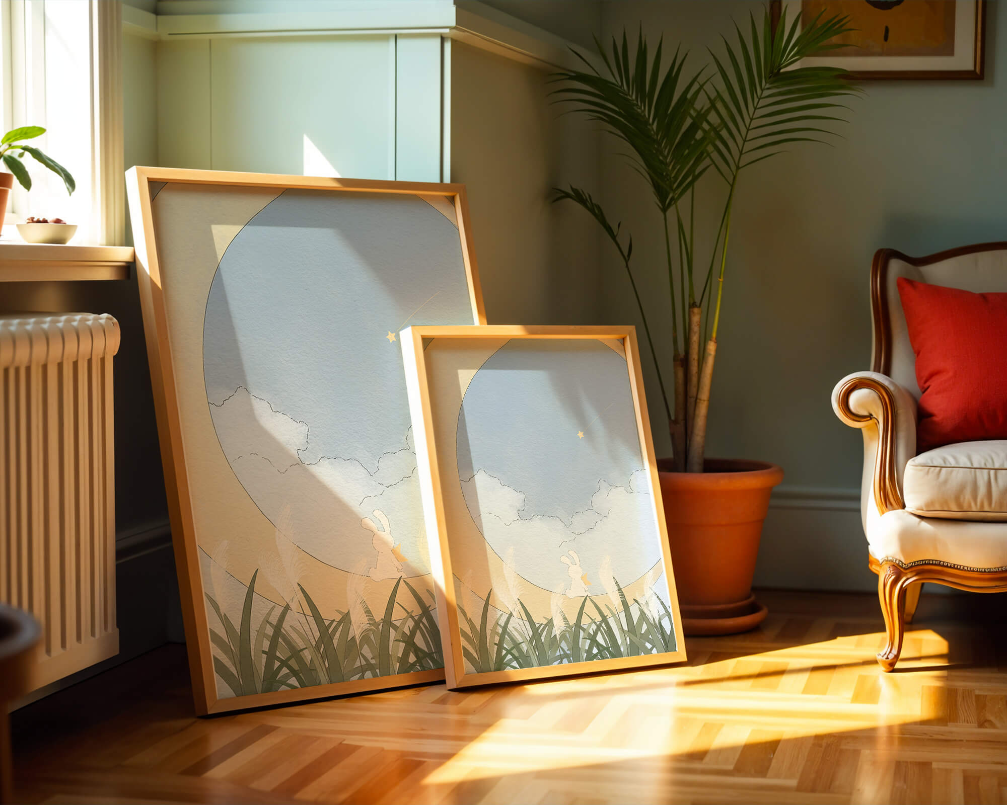 Dreamy Rabbit Sitting on Crescent Moon with Star and Clouds in Sky