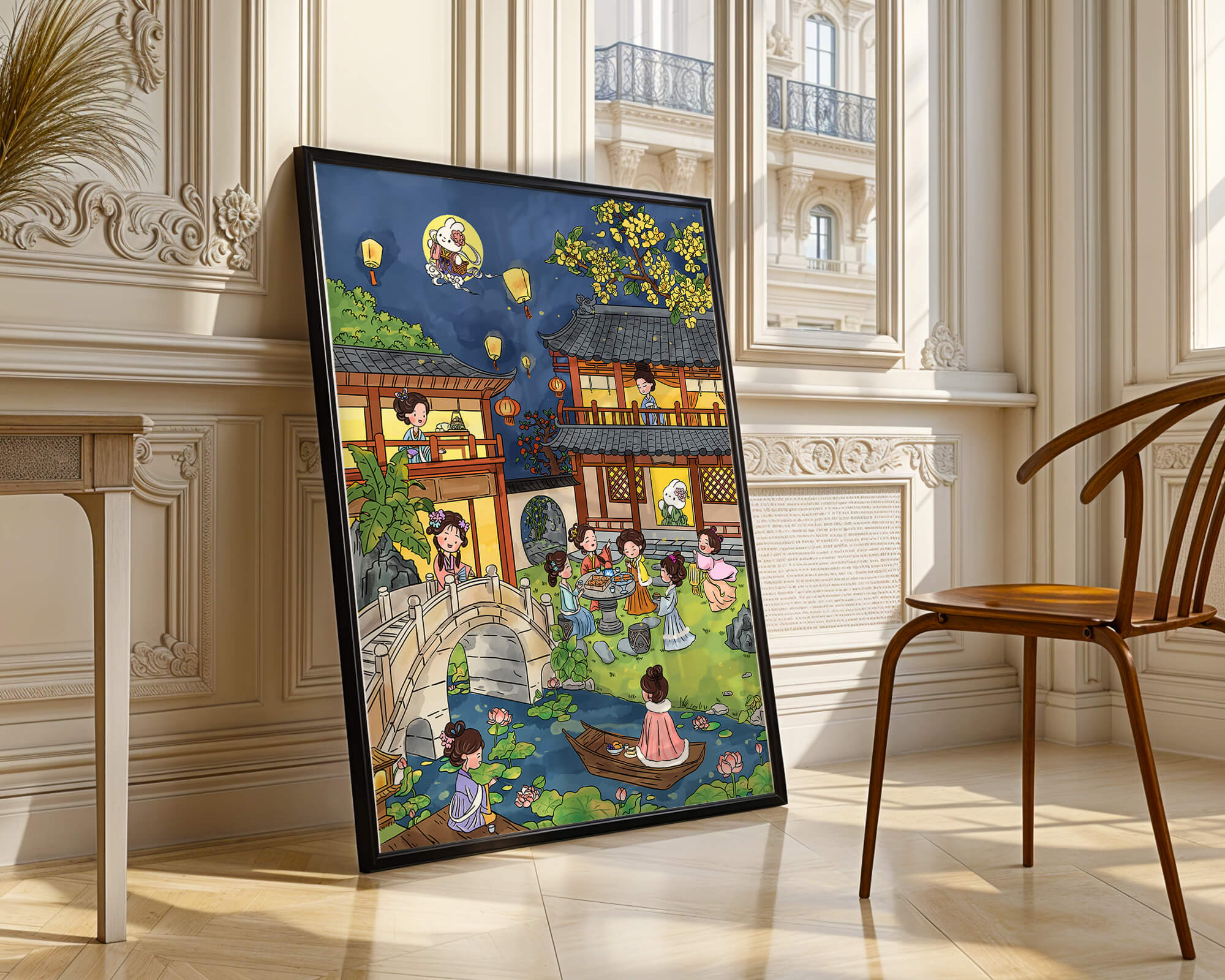 Escena de jardín chino tradicional con linternas y conejo lunar