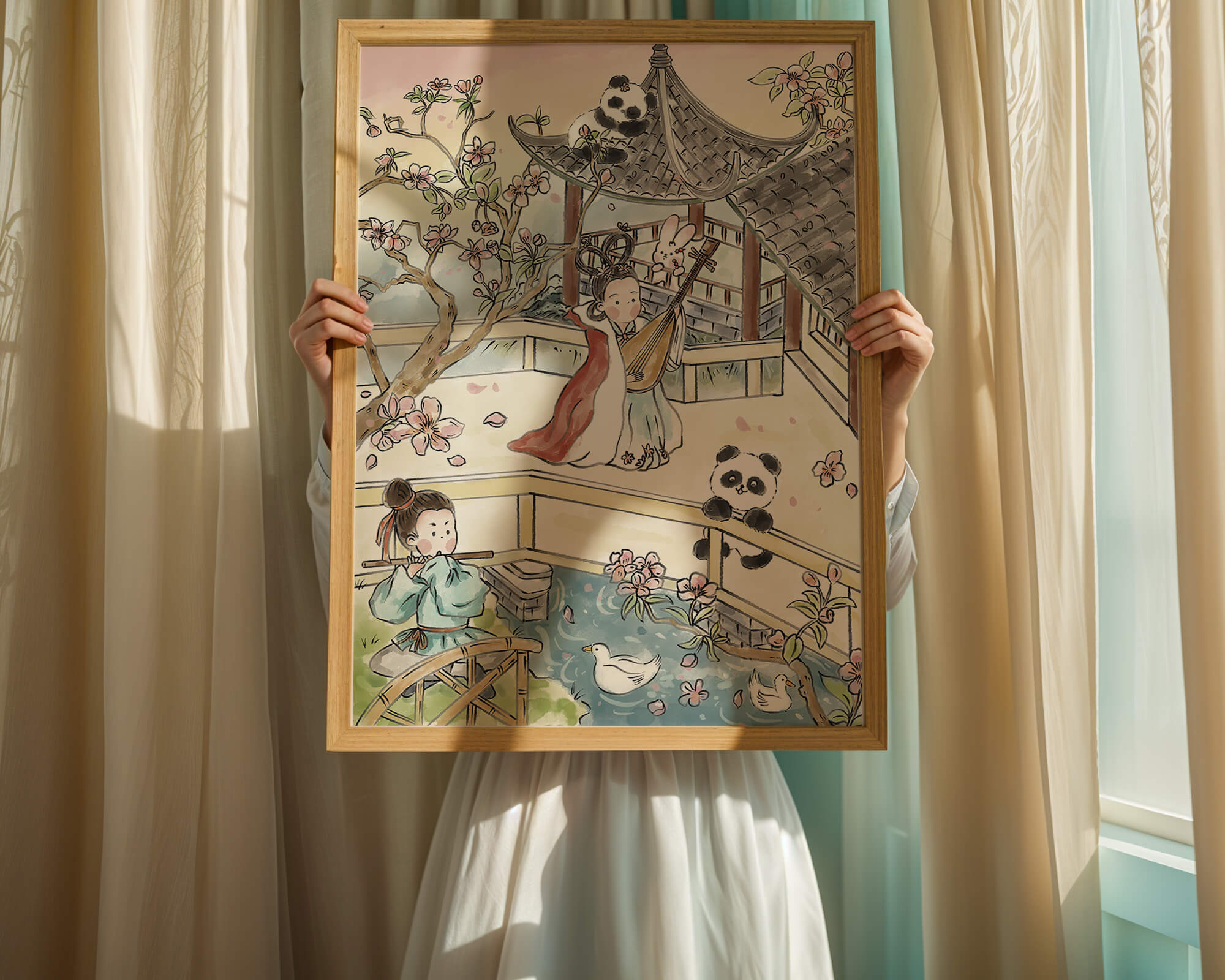 Escena tranquila de jardín asiático con pandas y flores