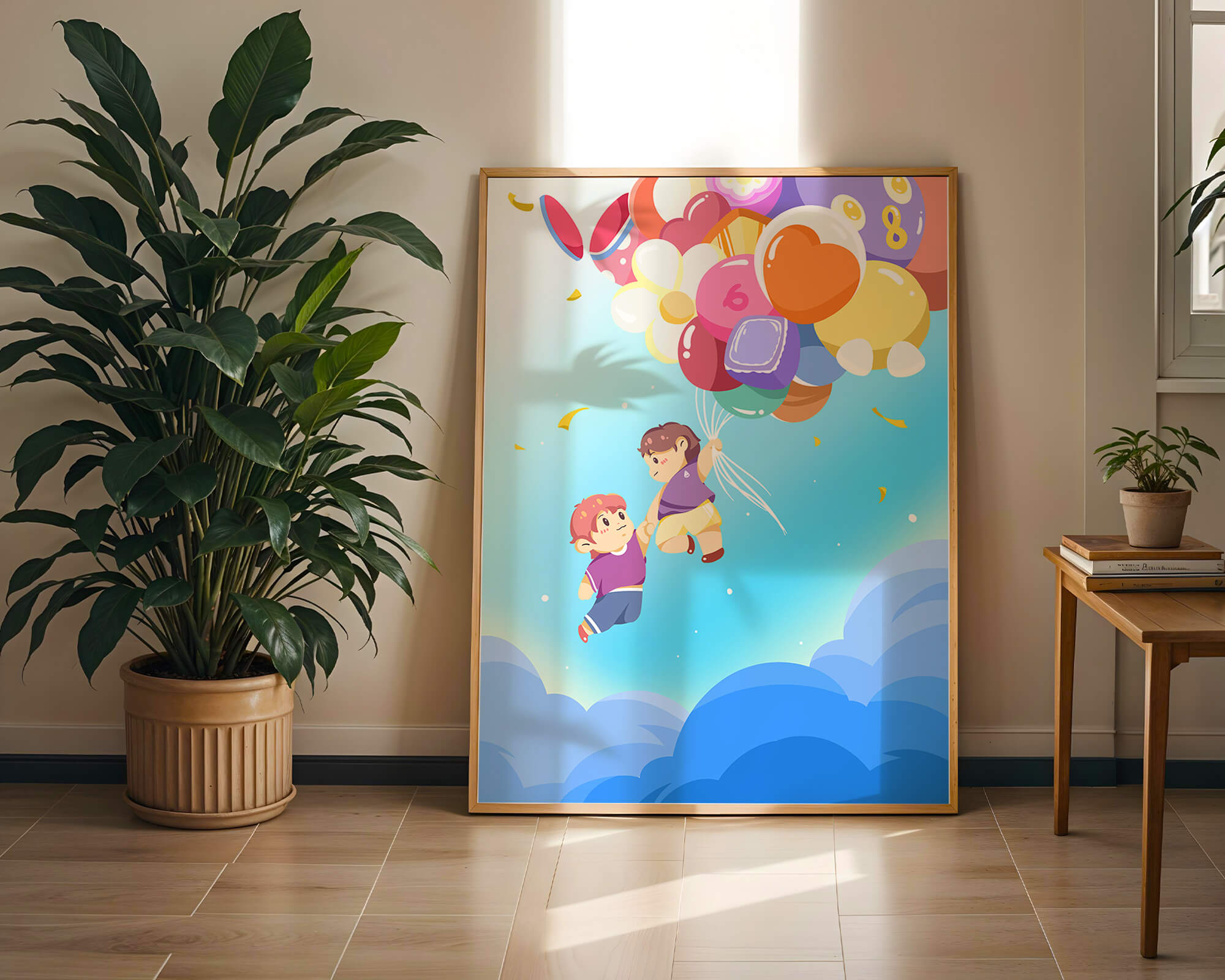 Причудливая иллюстрация детей в небе с разноцветными шарами