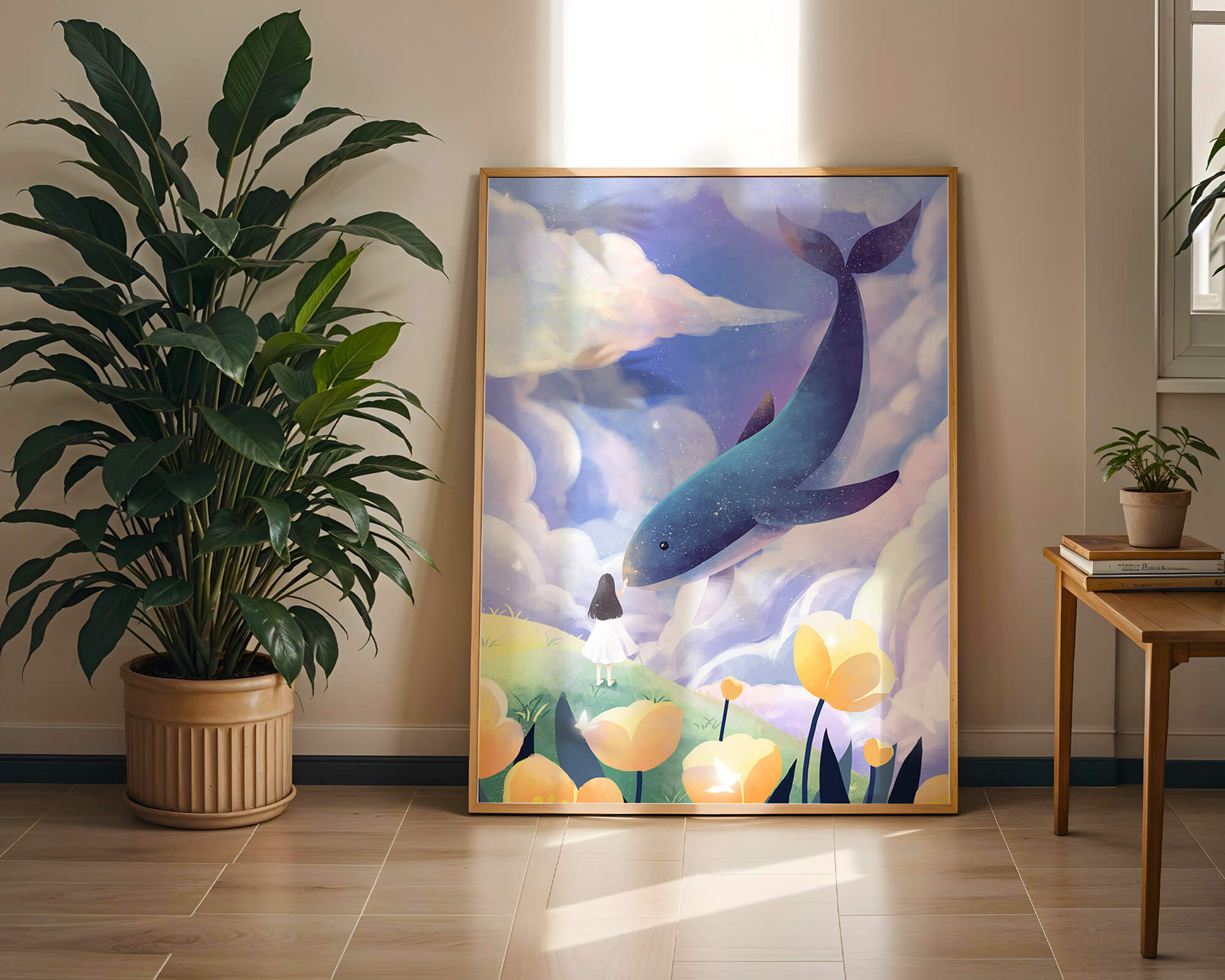 Surreal landscape with a giant whale and whimsical elements