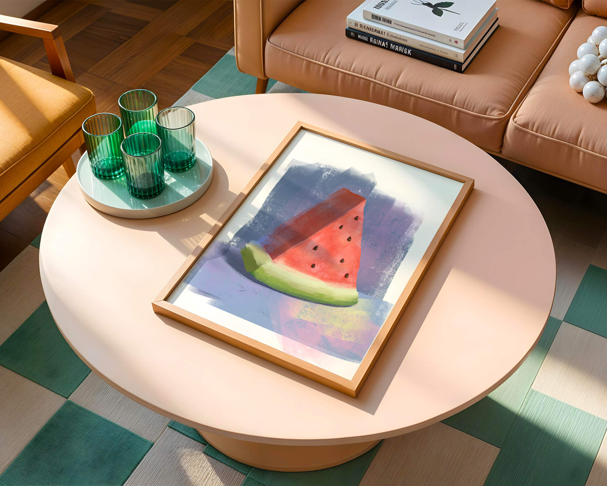 Watercolor illustration of a watermelon slice with abstract background