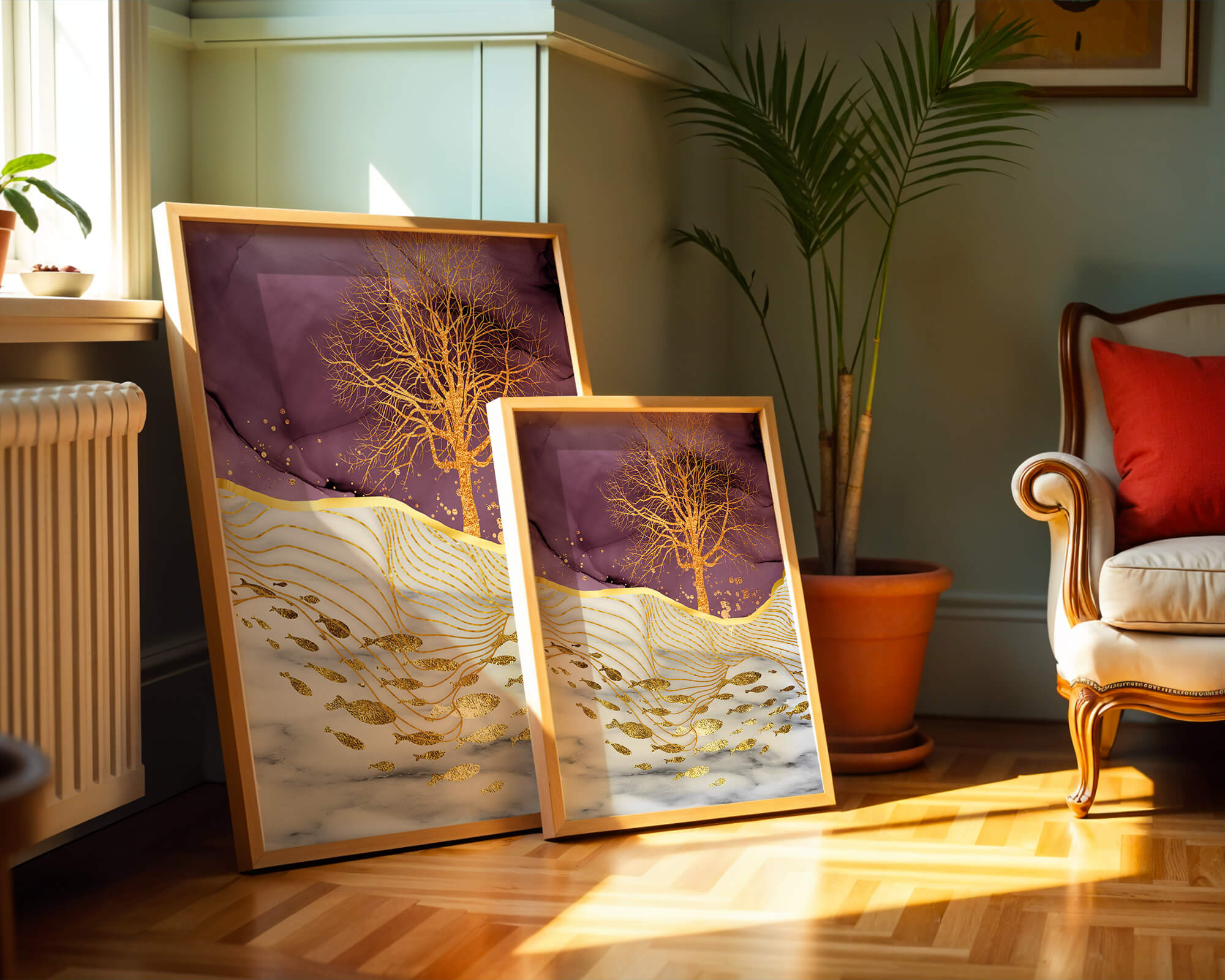 Abstract Tree with Gold Fish on Marble Background