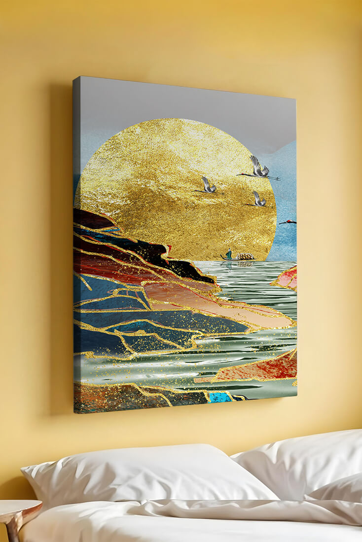 Majestic Golden Sun with Birds over Serene Landscape