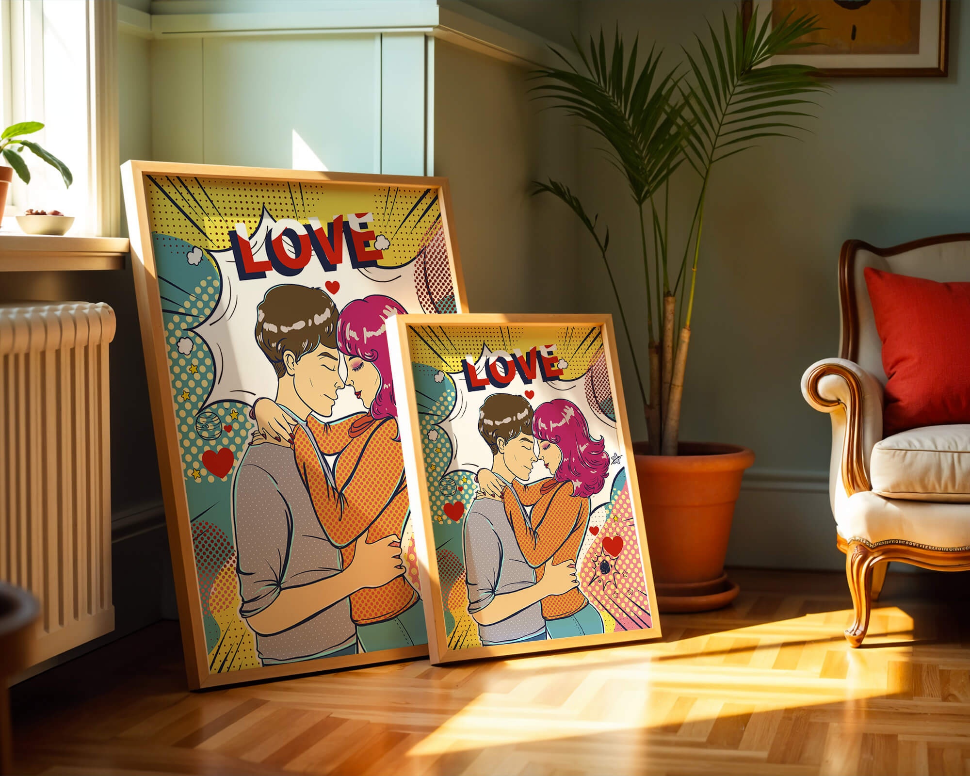 Romantic Pop Art Illustration with Embracing Couple and Love Text
