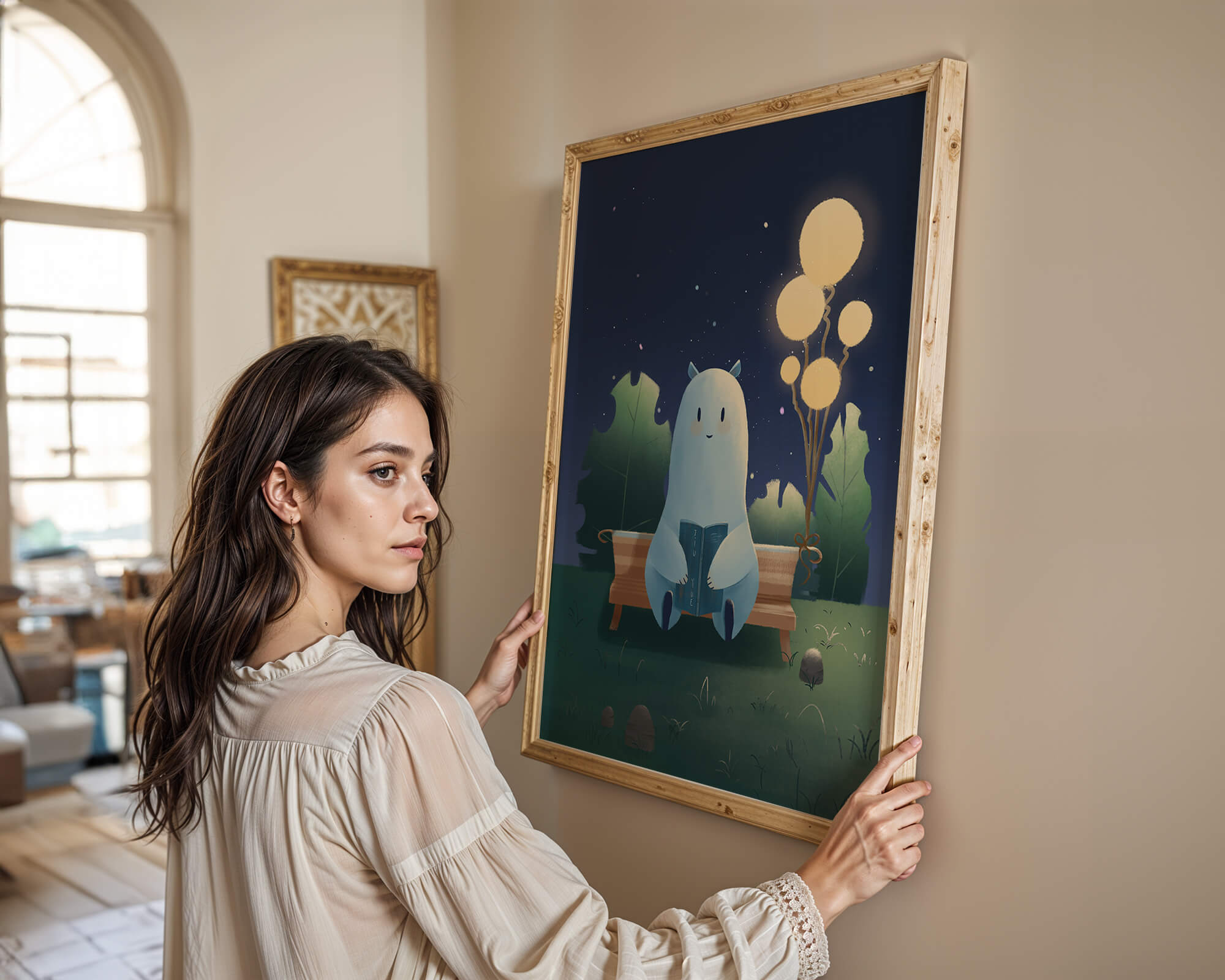 Cozy nighttime illustration with a creature reading under starry sky