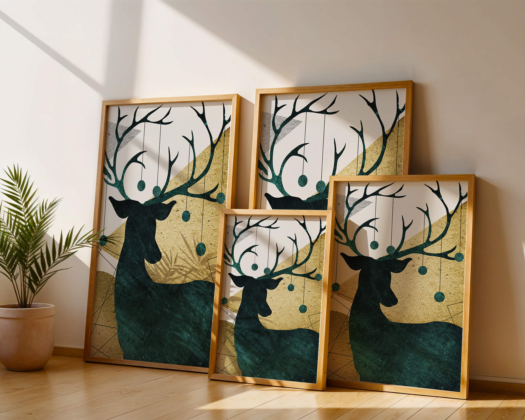 Silhouette of a Deer with Abstract Gold and Green Background