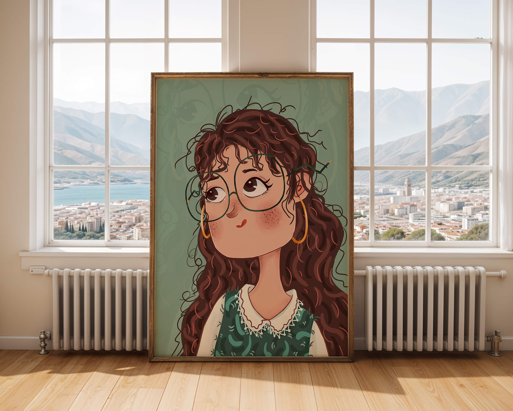 Ilustración de una chica pensativa con gafas y pelo rizado
